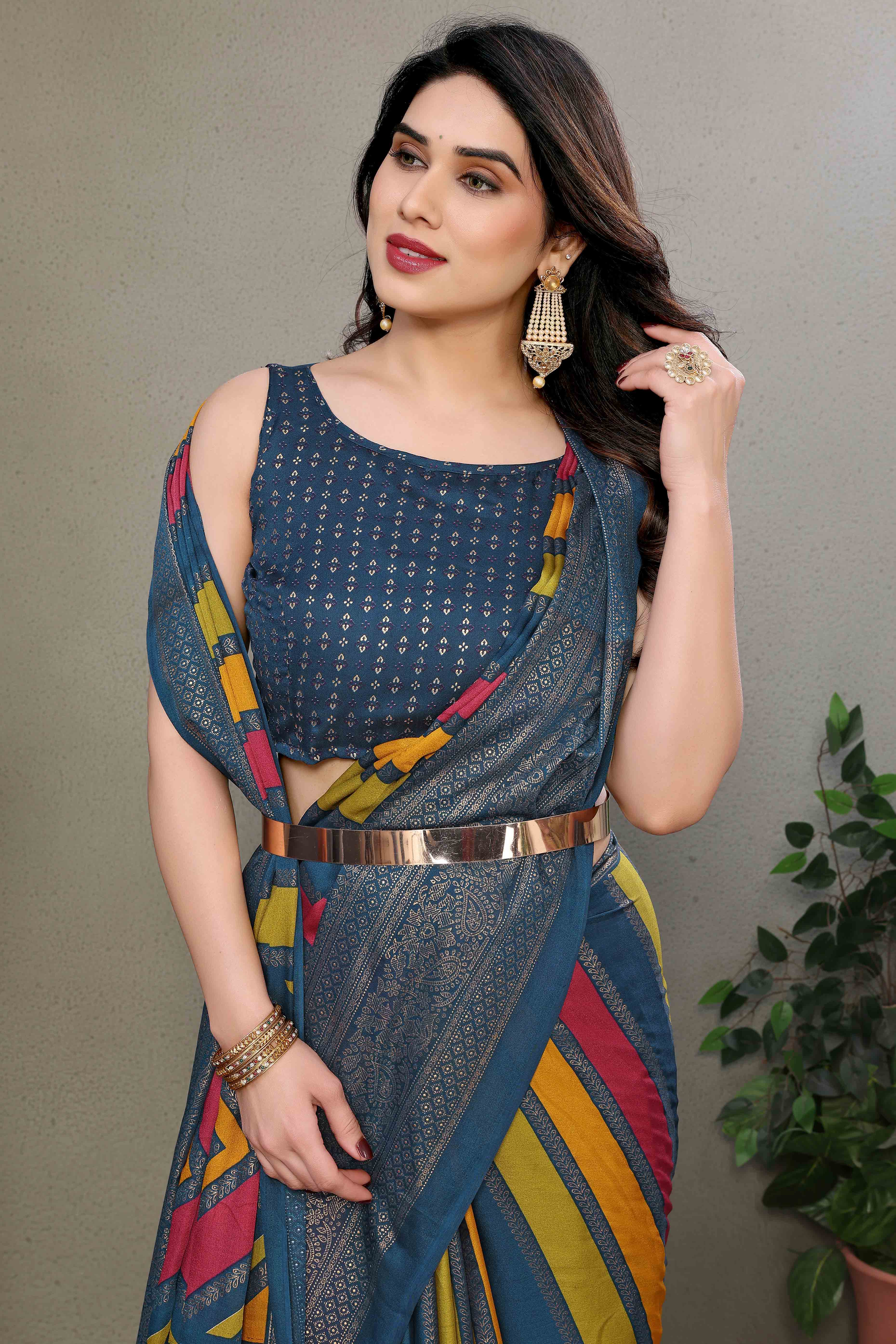 Morpich Striped Foil Printed Moss Satin Saree Saree With Tassels