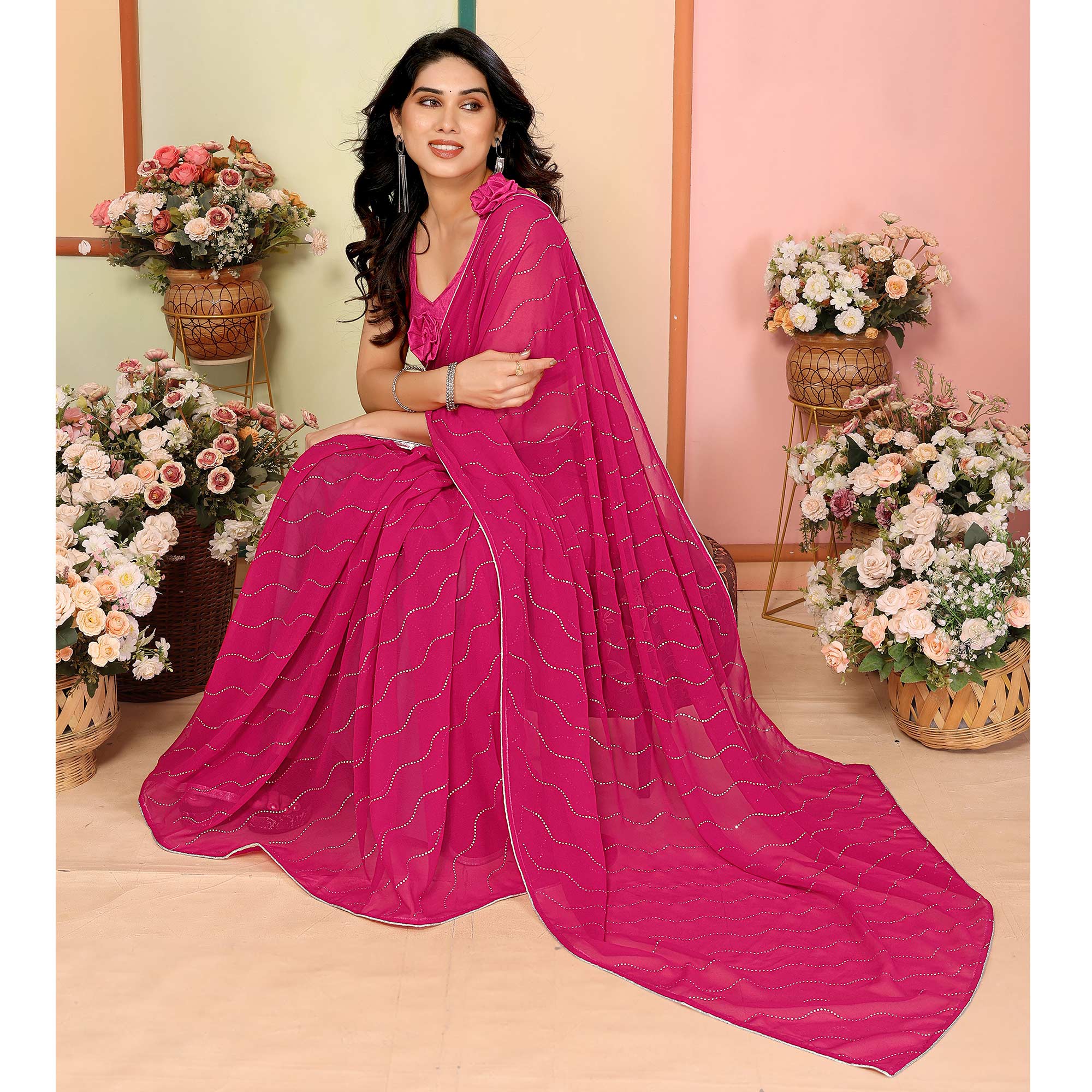 Pink Swarovski Work Embroidered Georgette Saree