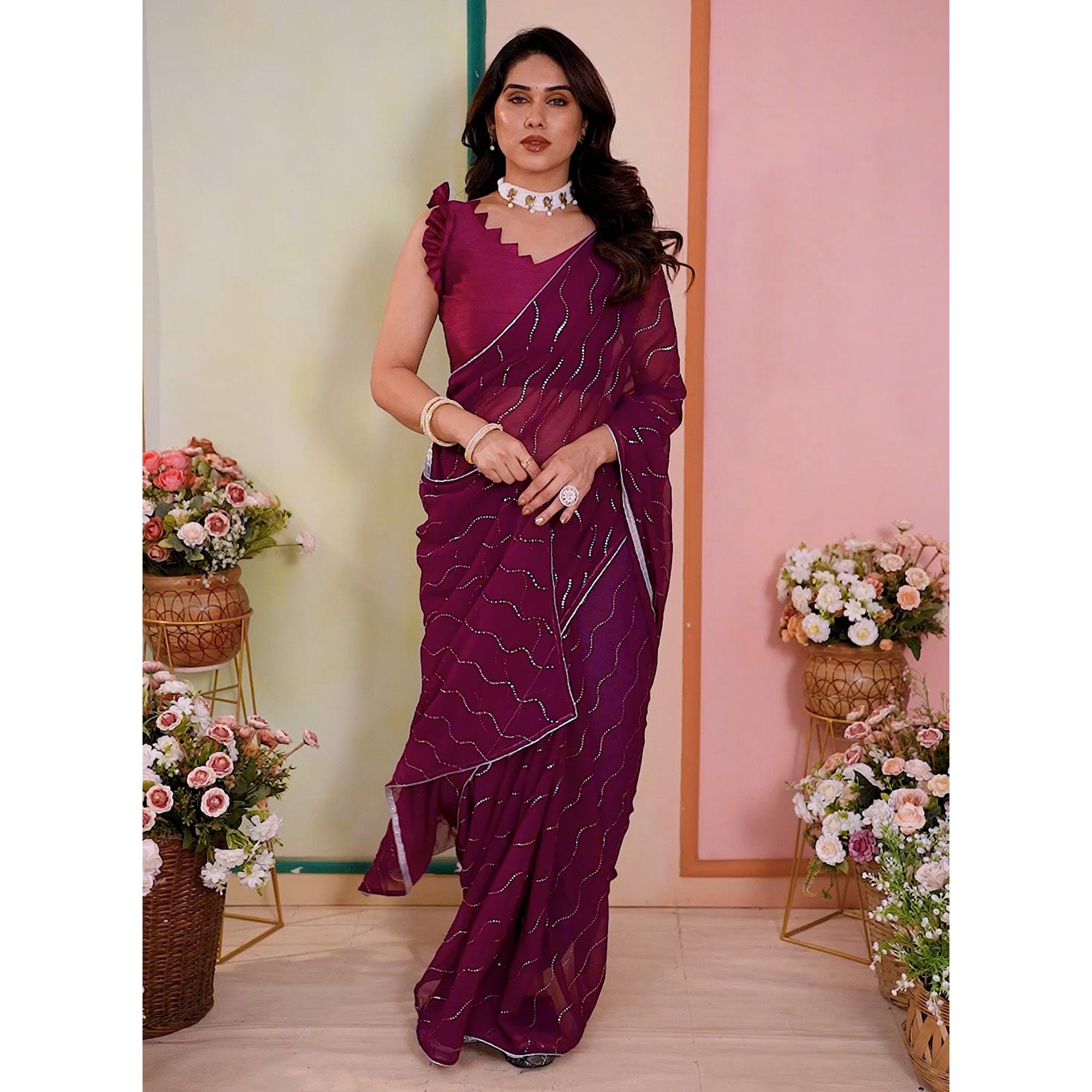 Purple Swarovski Work Embroidered Georgette Saree