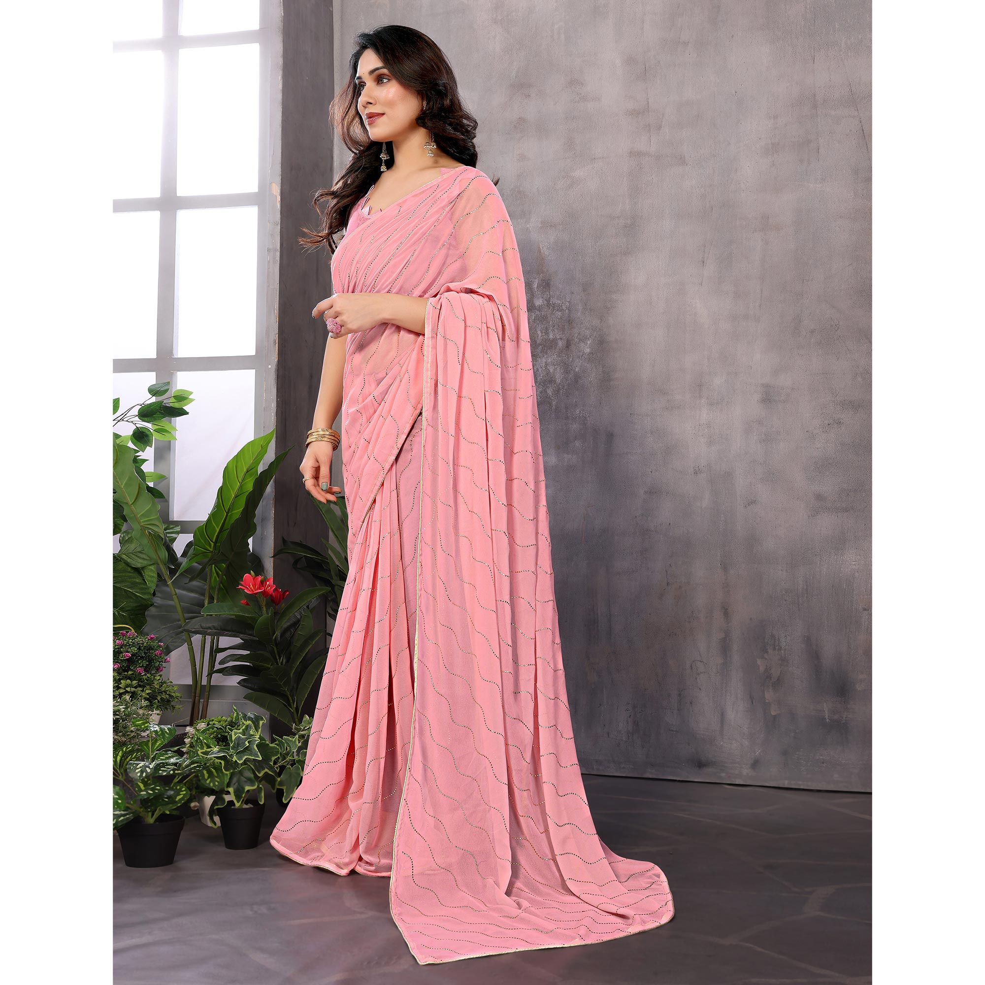 Rose Pink Swarovski Work Embroidered Georgette Saree