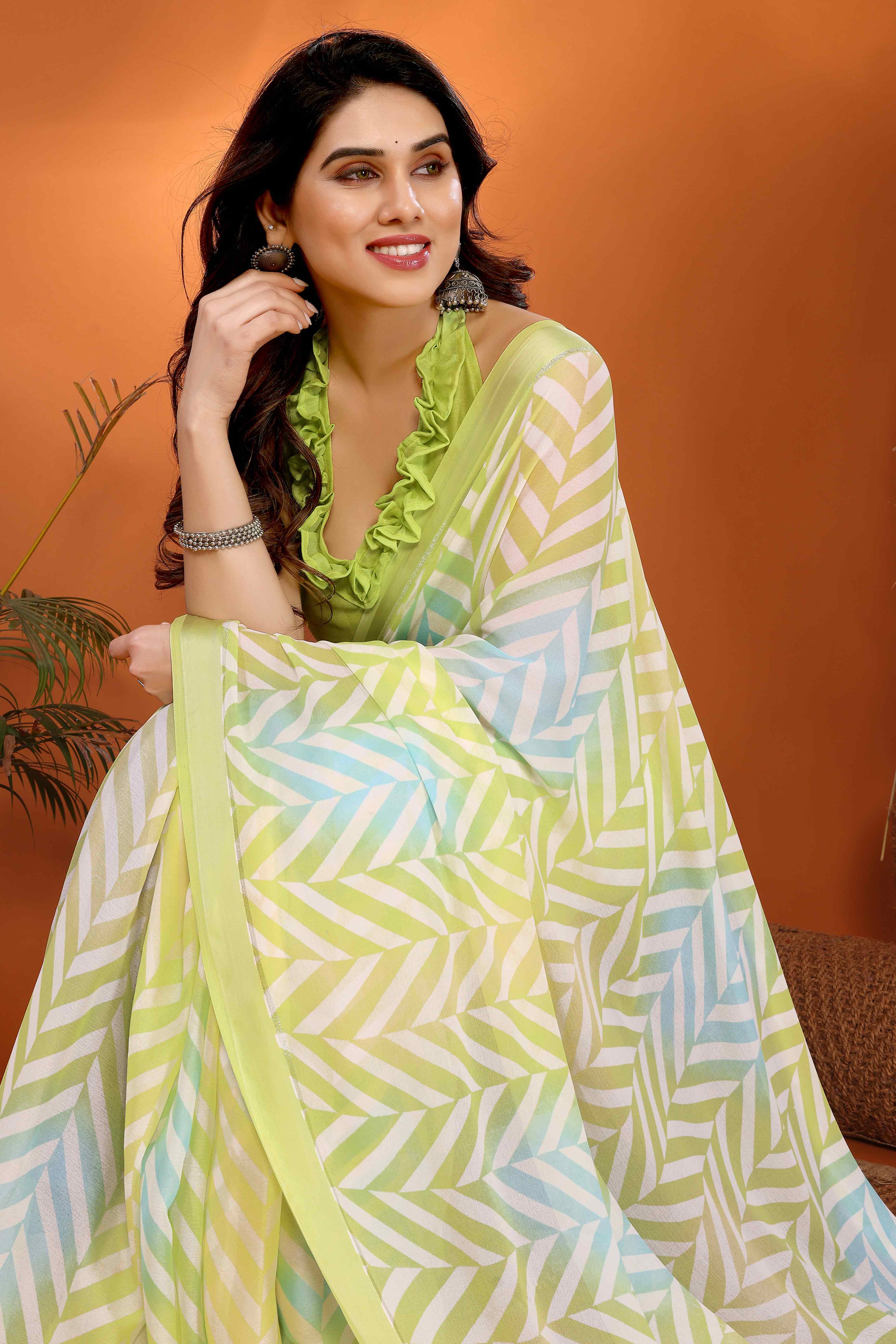 Mint Green Zig Zag Printed Satin Saree