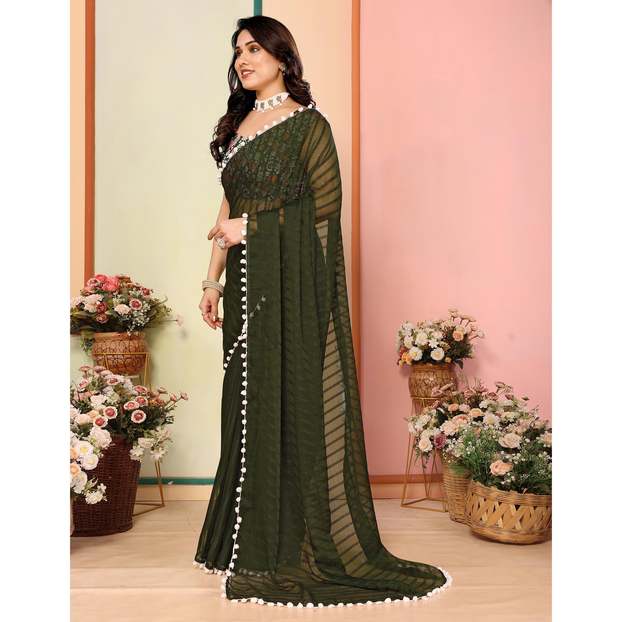 Mehandi Green Woven Striped Pattern Georgette Saree