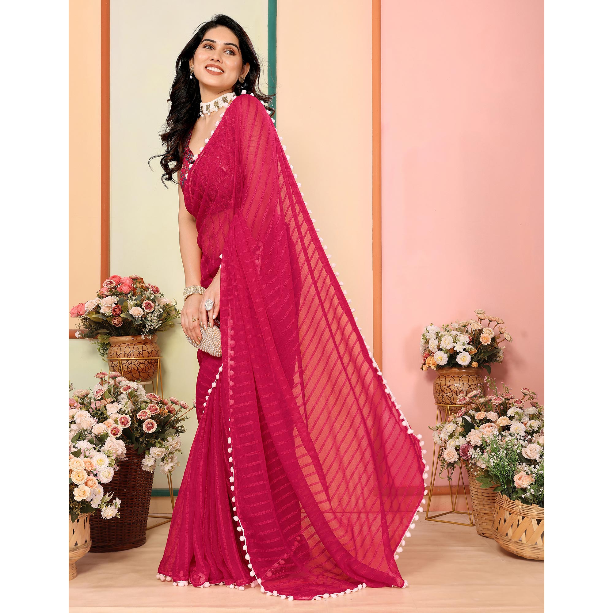 Pink Woven Striped Pattern Georgette Saree