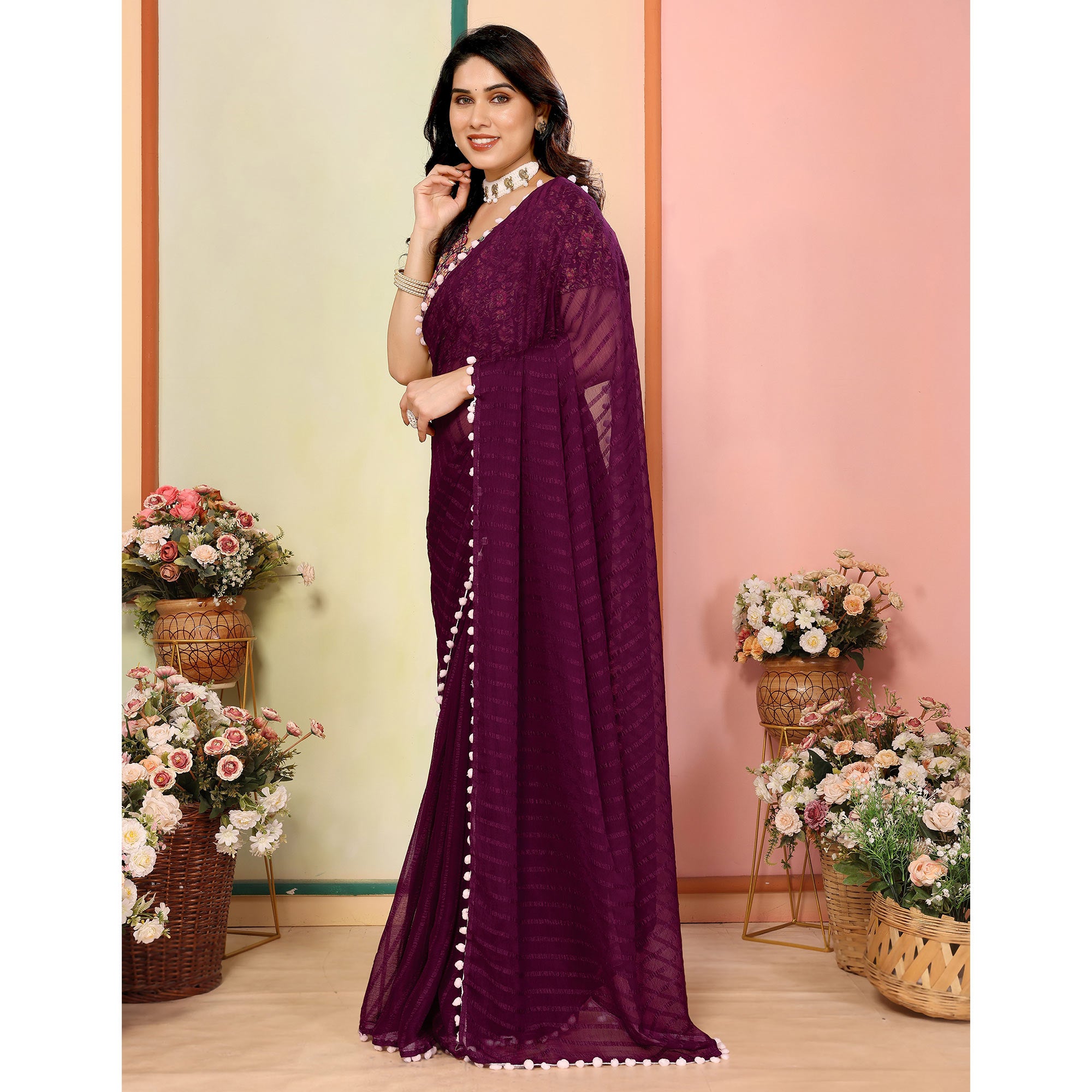 Purple Woven Striped Pattern Georgette Saree