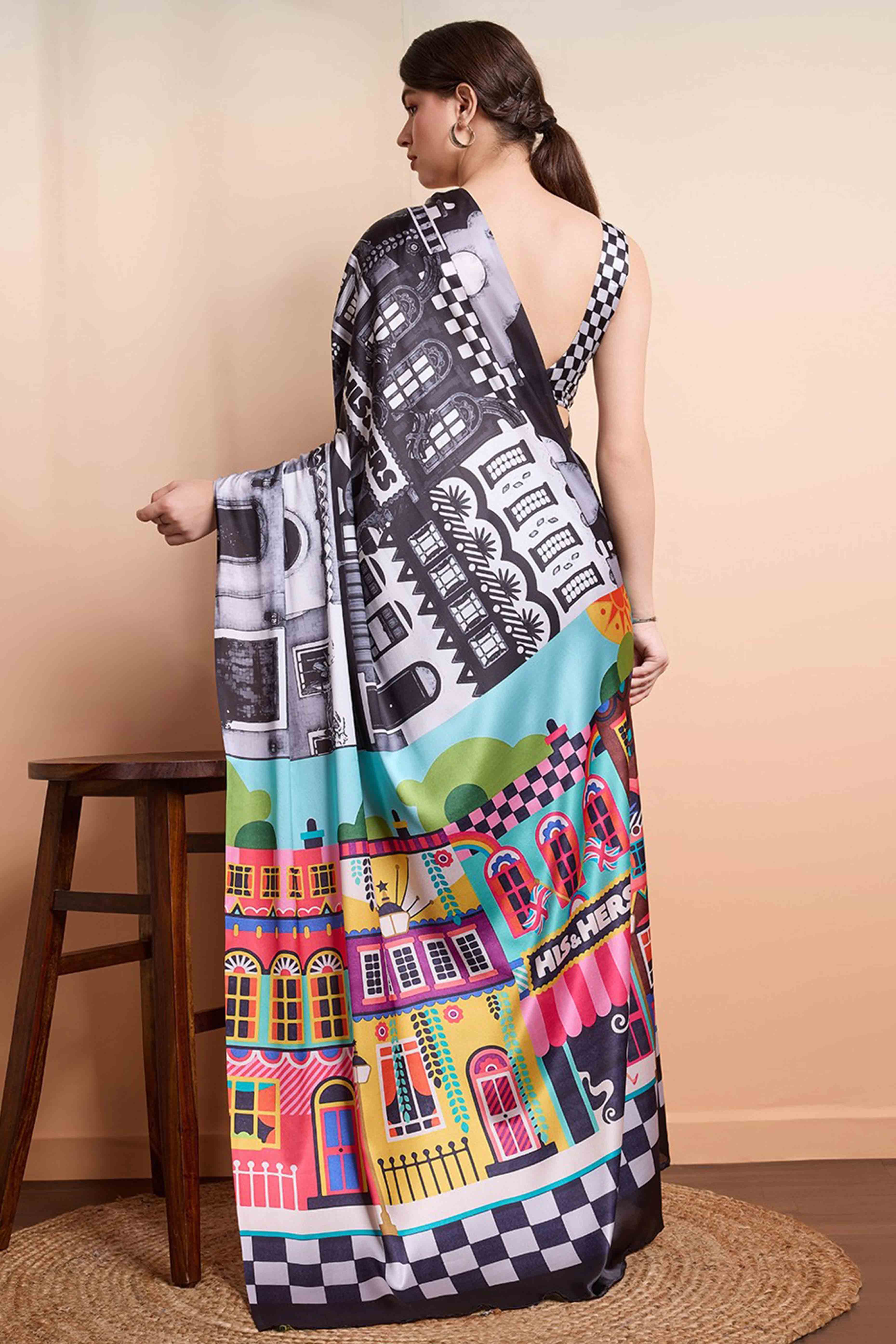 Black Moss Satin Saree With Exquisite Digital Print Artistry
