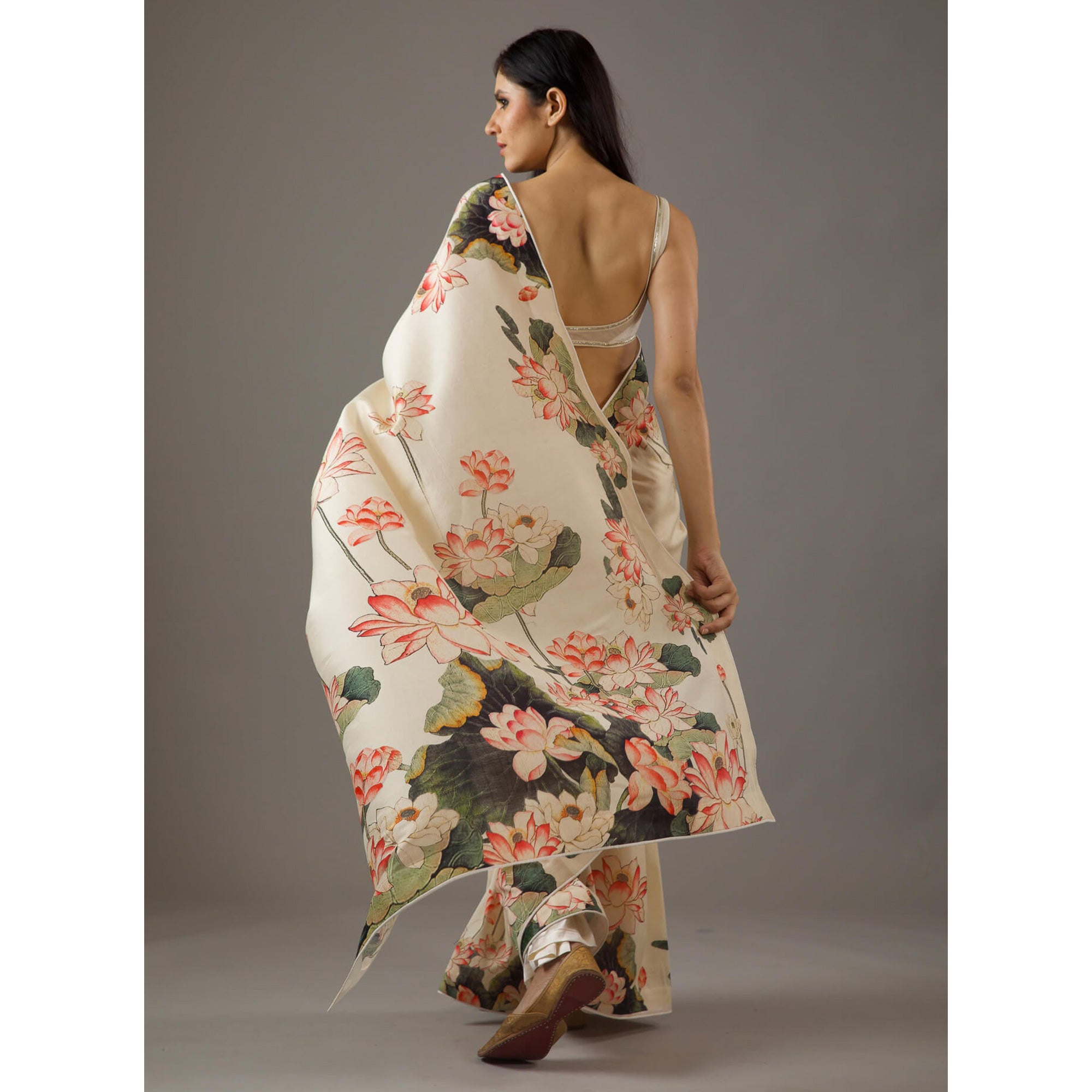 Cream Floral Printed Moss Satin Saree