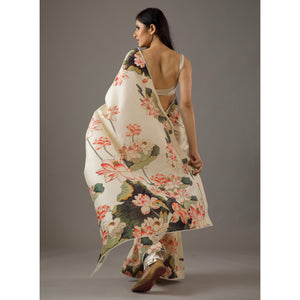 Cream Floral Printed Moss Satin Saree