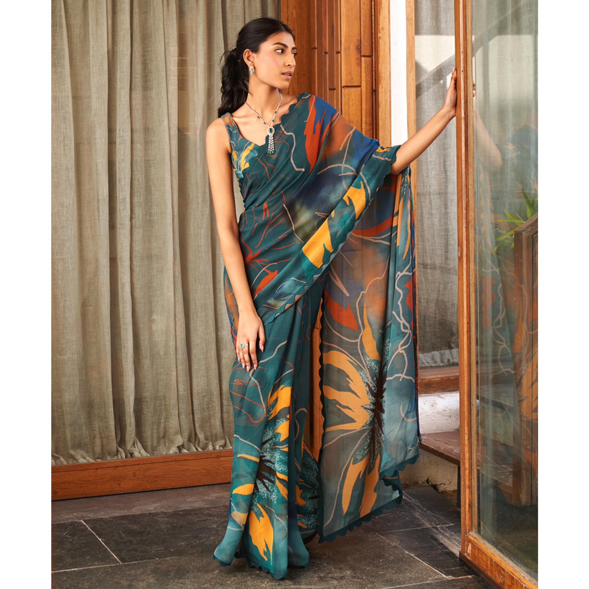 Teal Printed Moss Satin Saree