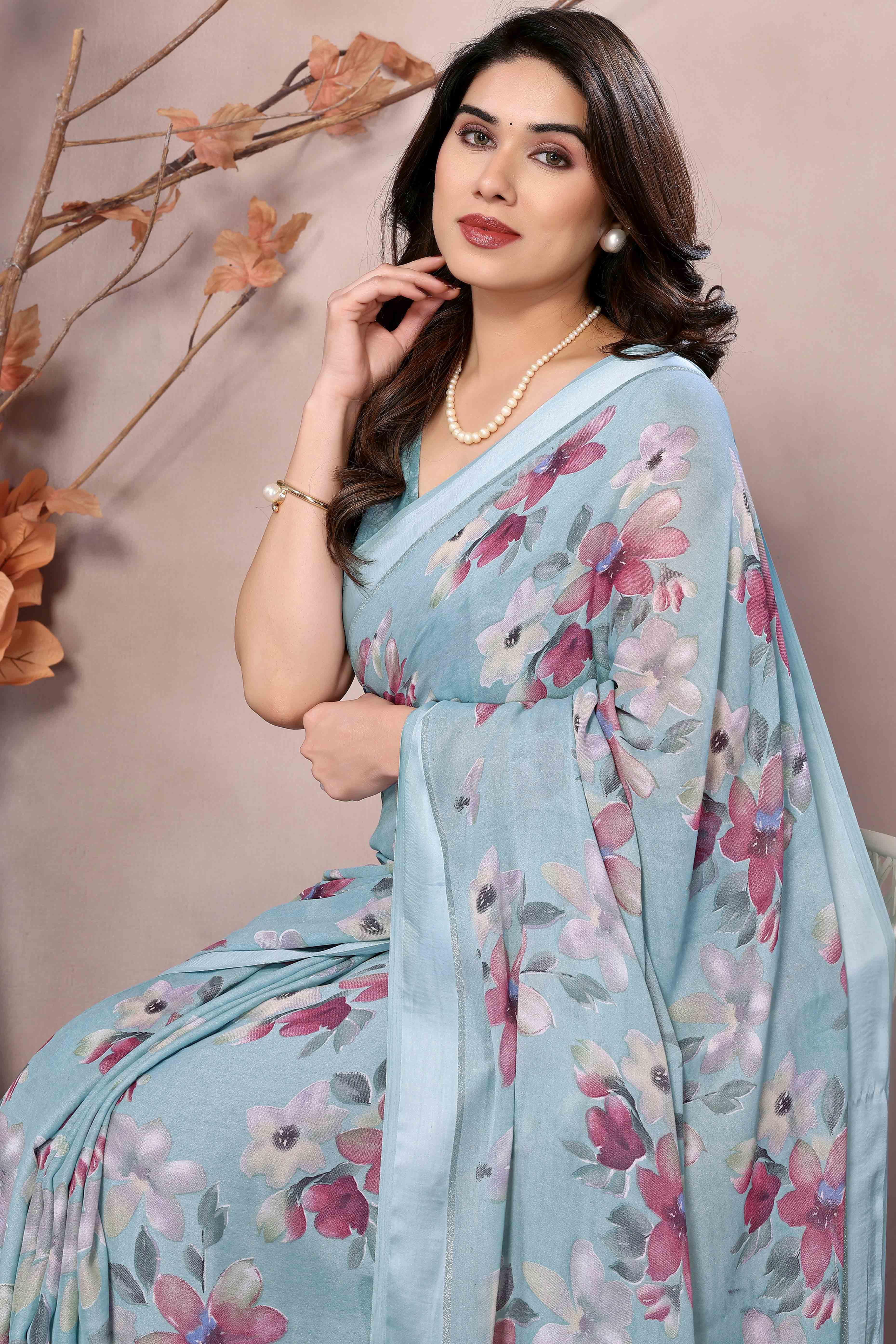 Sky Blue Floral Printed Satin Saree