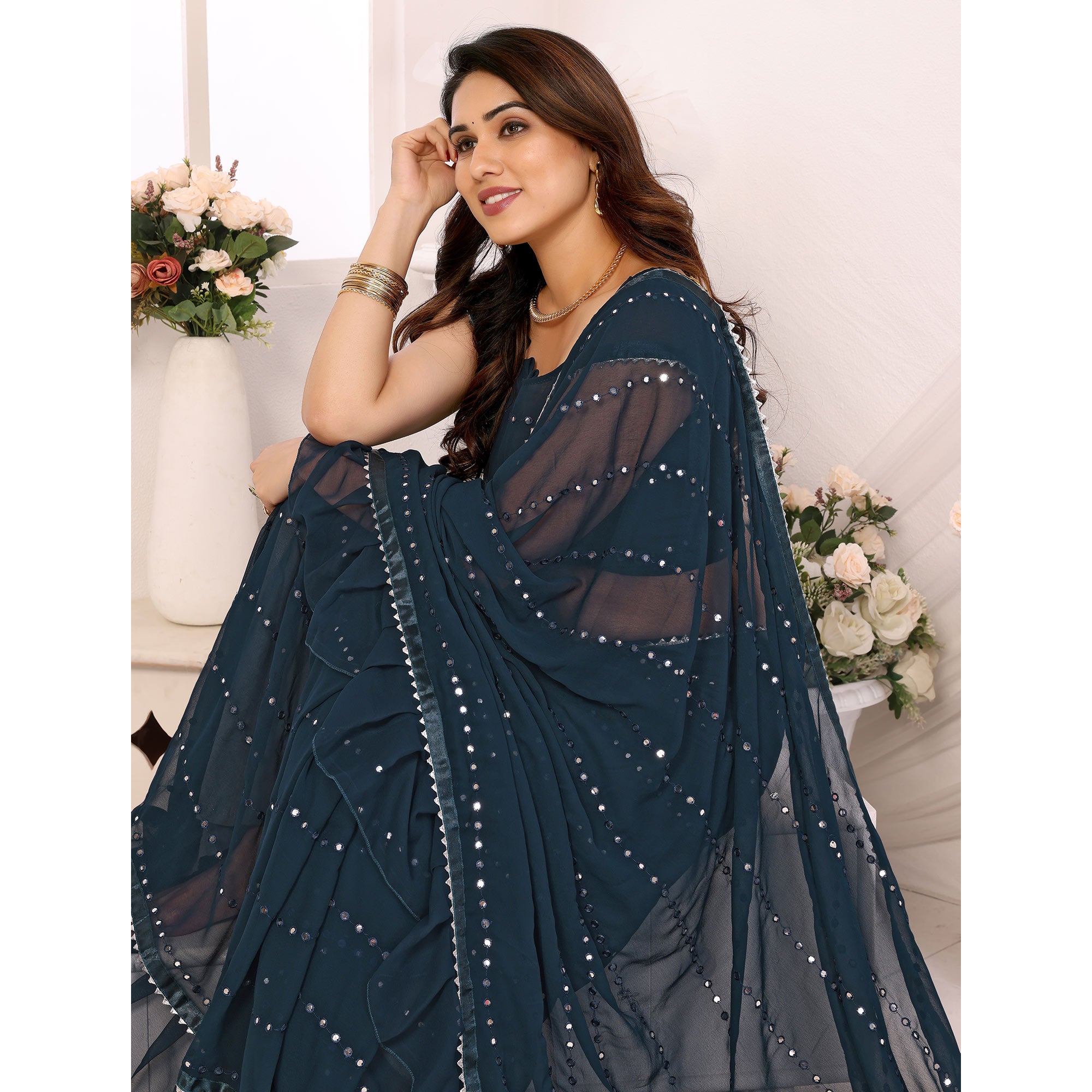 Blue Mirror Work Embroidered Georgette Saree With Ruffle Border