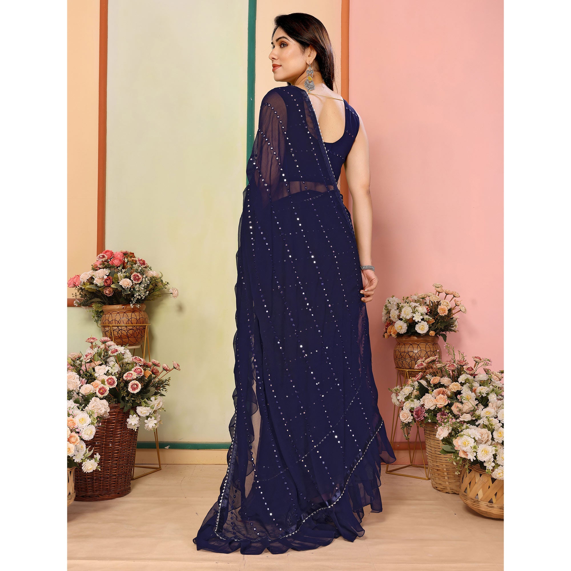 Dark Blue Mirror Work Embroidered Georgette Saree With Ruffle Border
