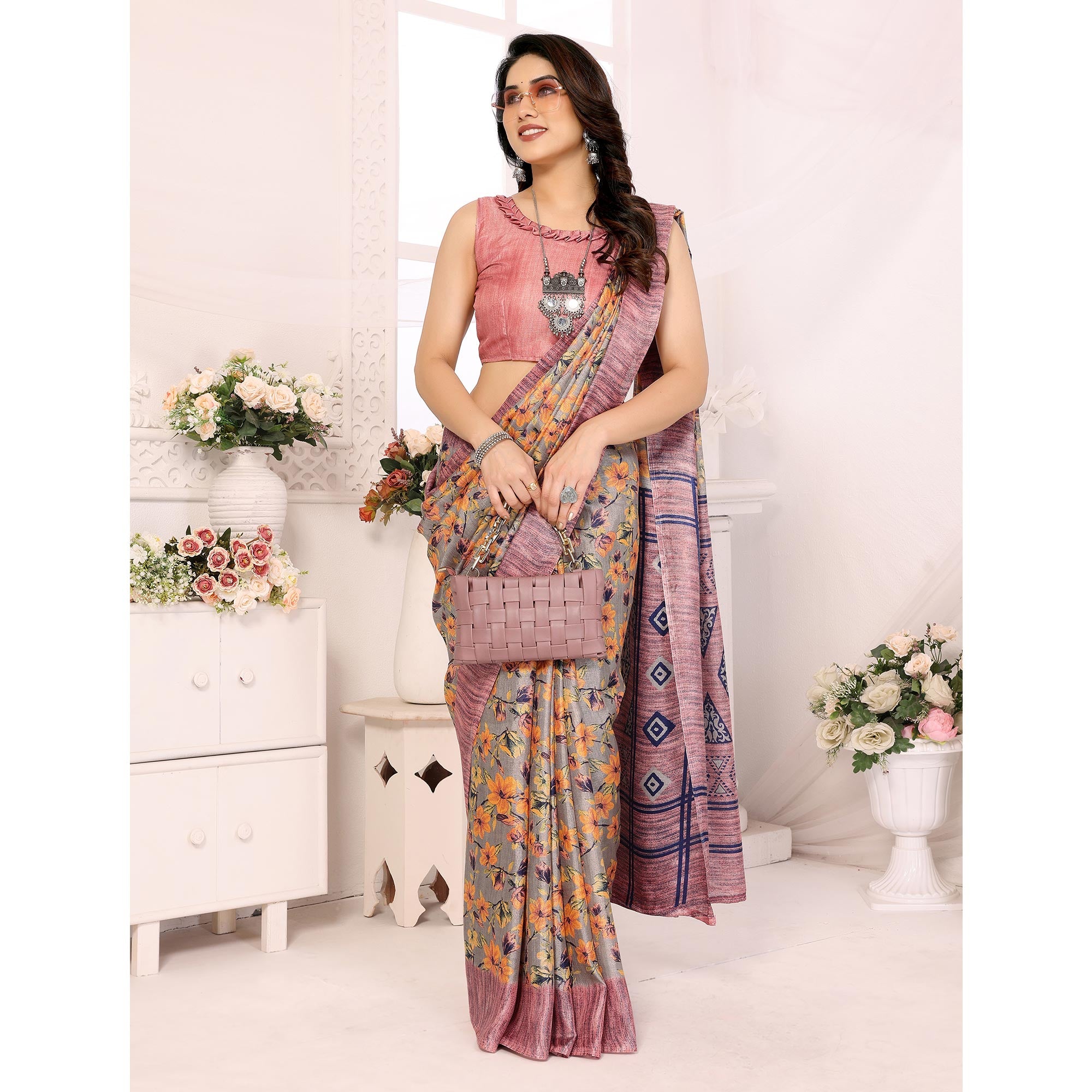 Pink Floral Printed Khadi Saree