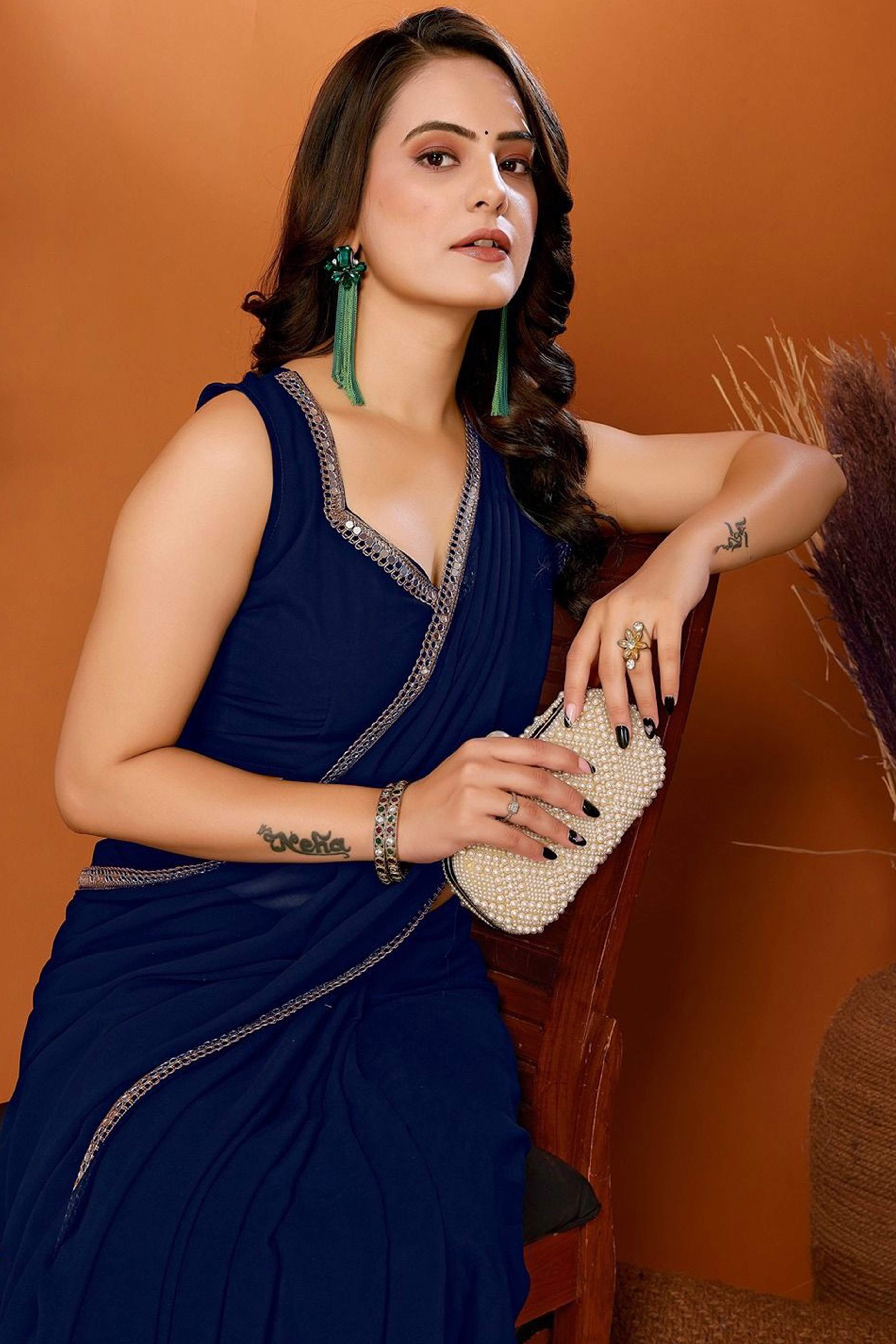 Blue Solid Georgette Saree With Mirror Border