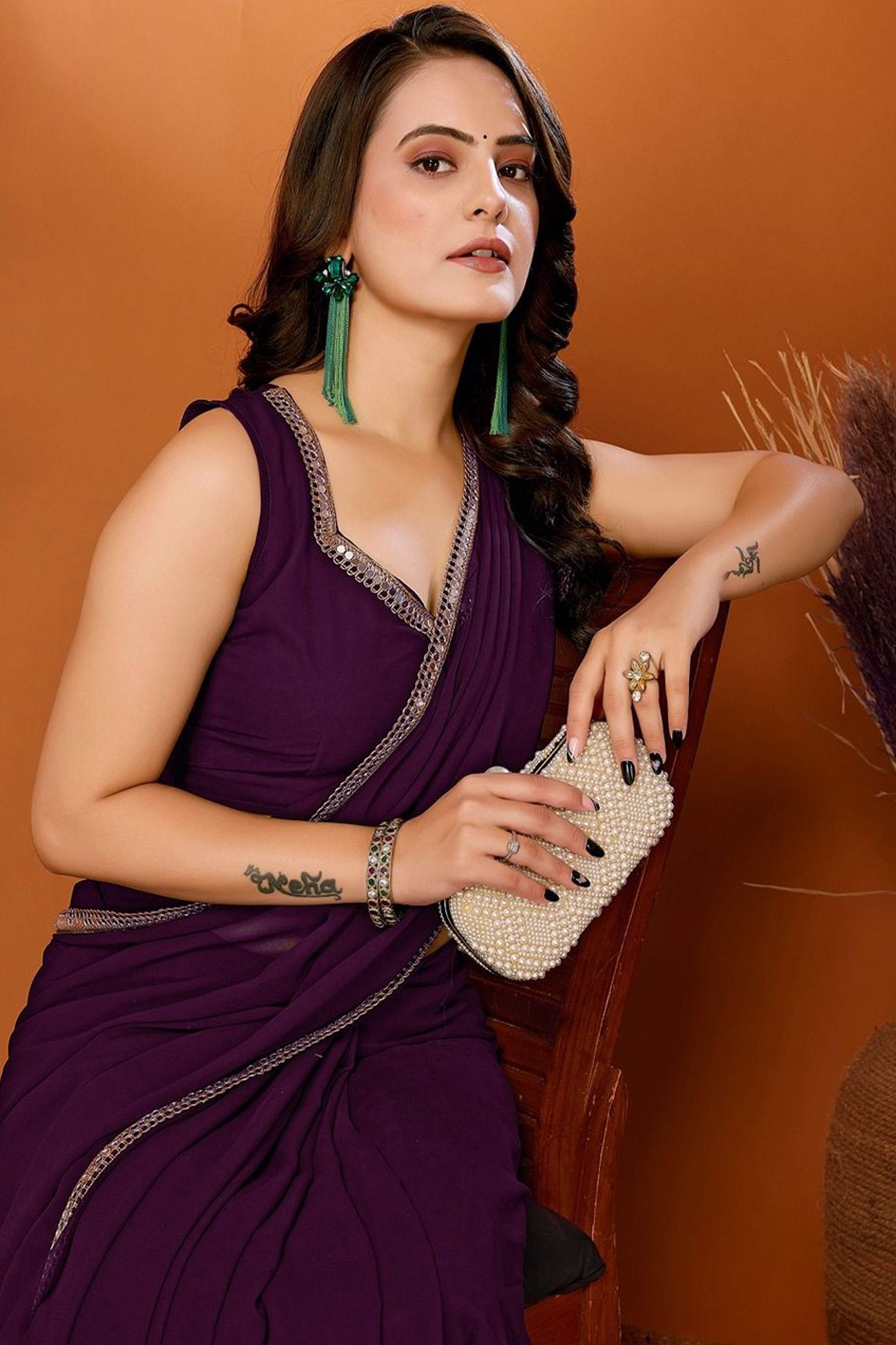 Purple Solid Georgette Saree With Mirror Border
