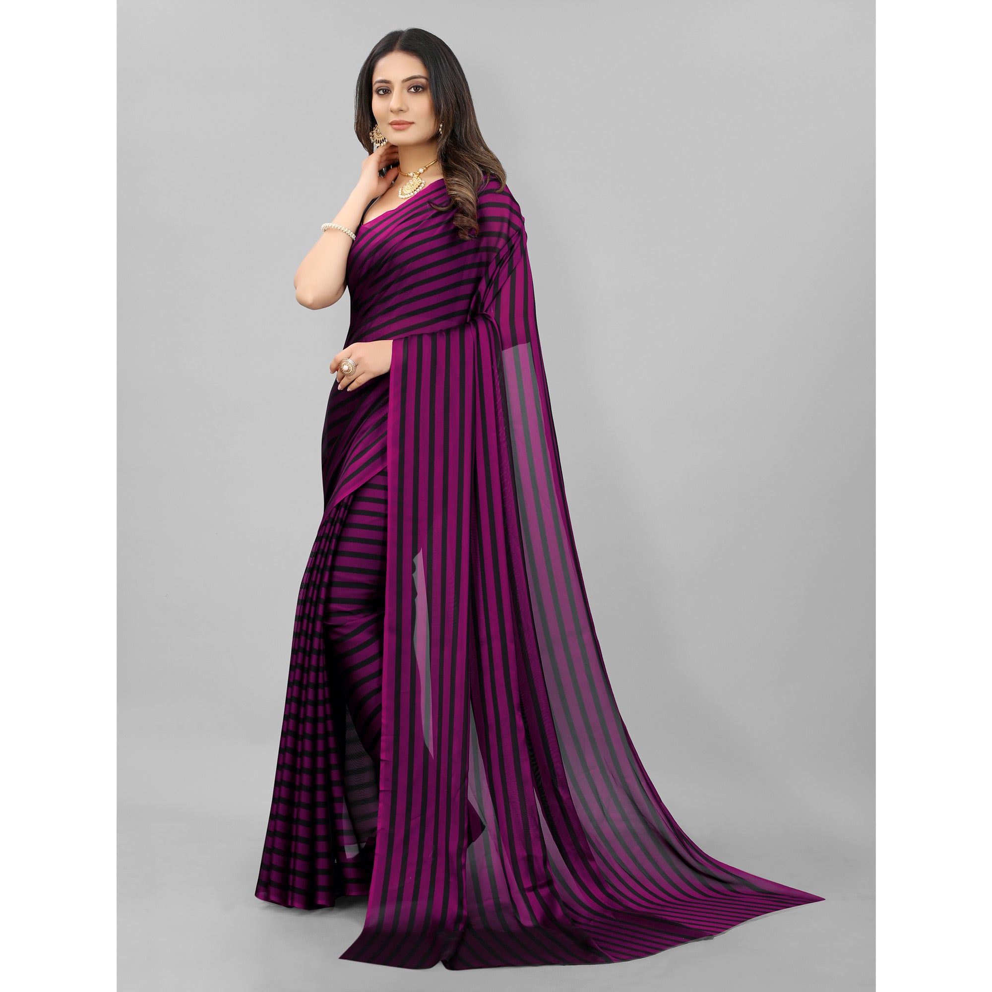 Purple Striped Printed Art Silk Saree