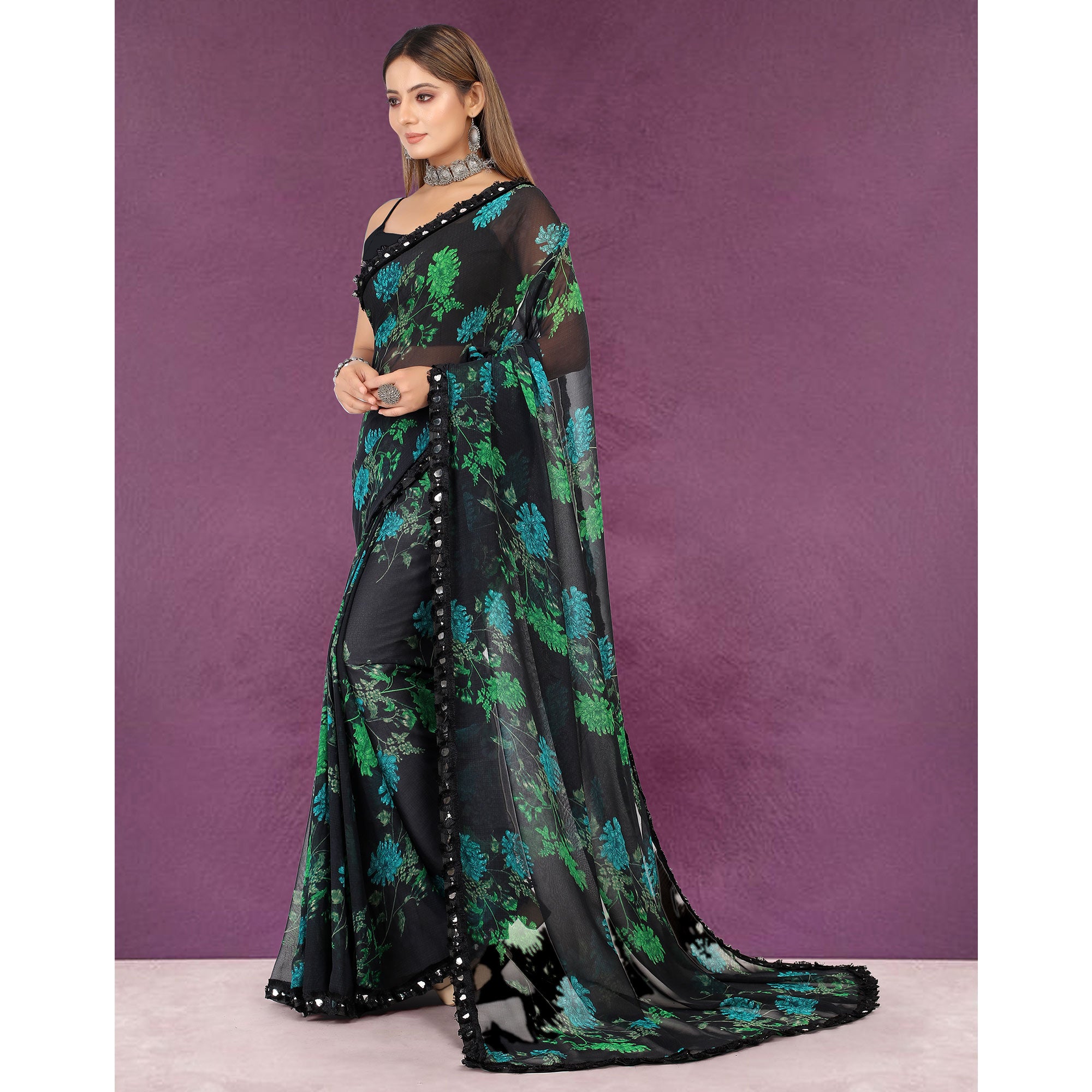 Black Floral Printed Georgette Saree