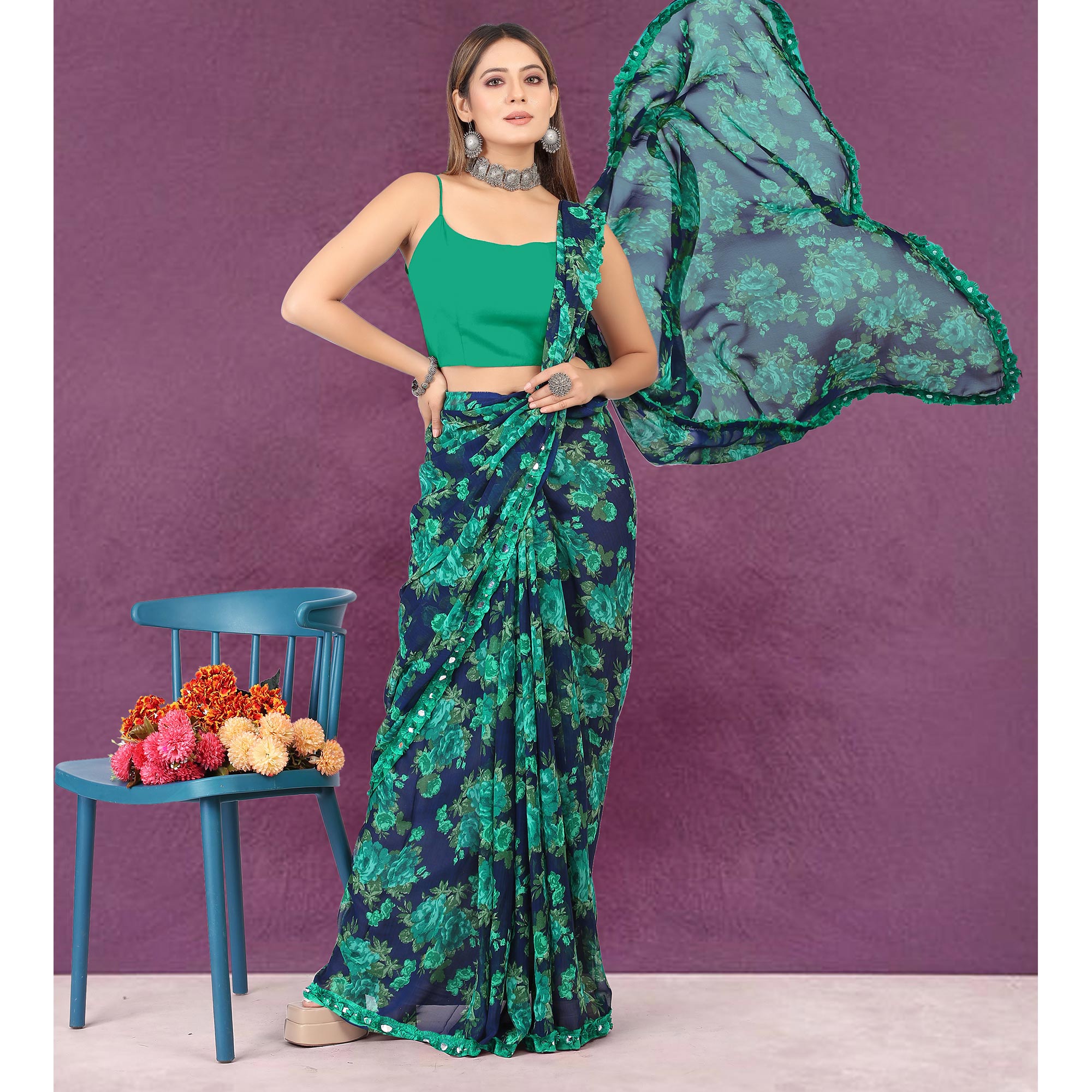 Blue Floral Printed Georgette Saree