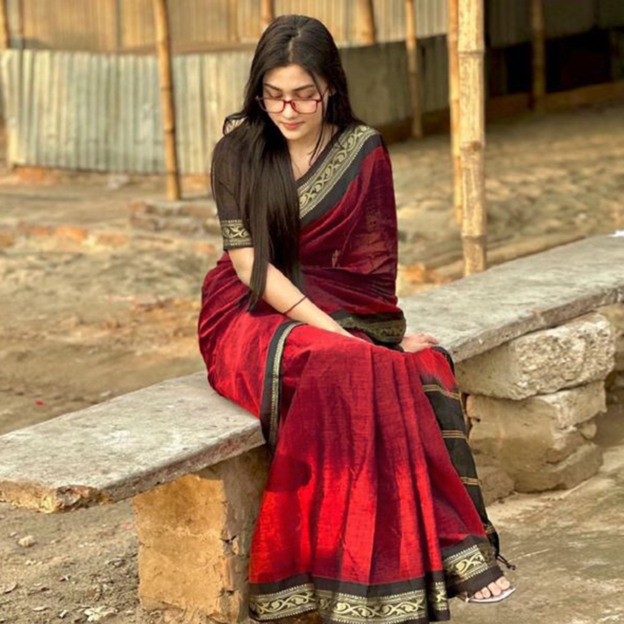 Red Woven Cotton Silk Saree With Tassels