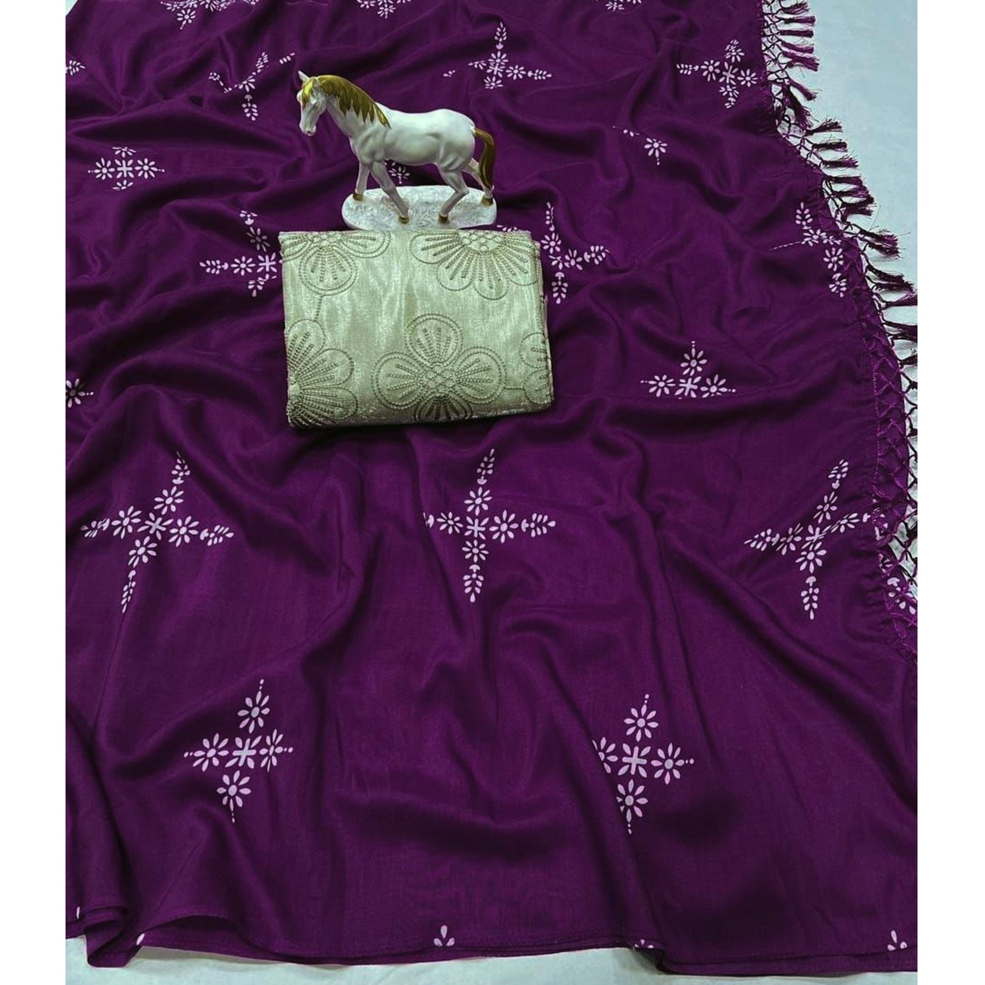 Purple Floral Printed Muslin Saree With Tassels