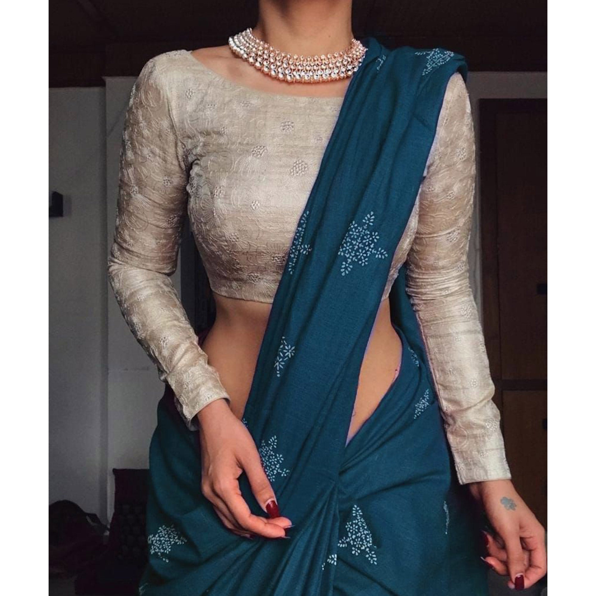 Teal Blue Floral Printed Muslin Saree With Tassels