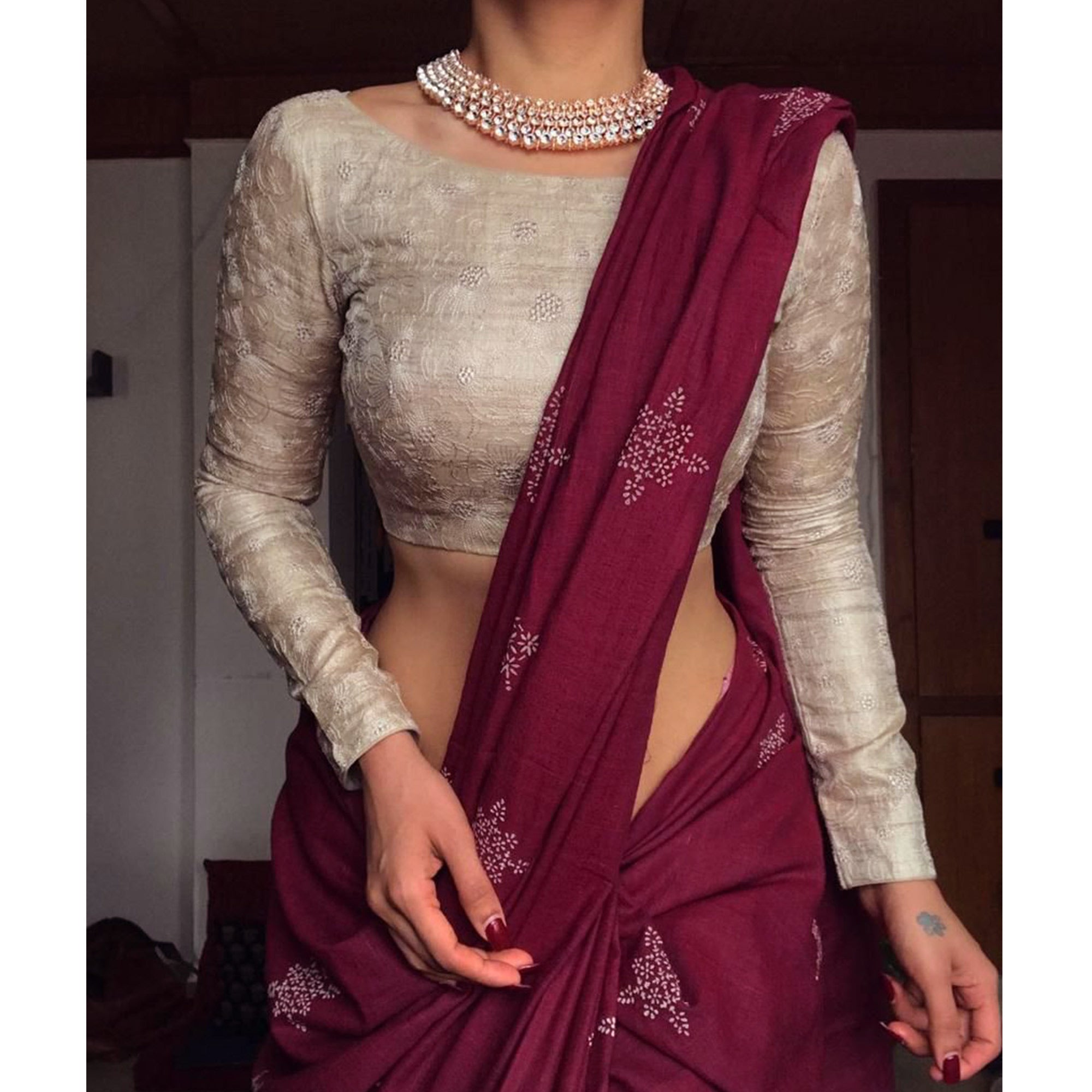 Wine Floral Printed Muslin Saree With Tassels