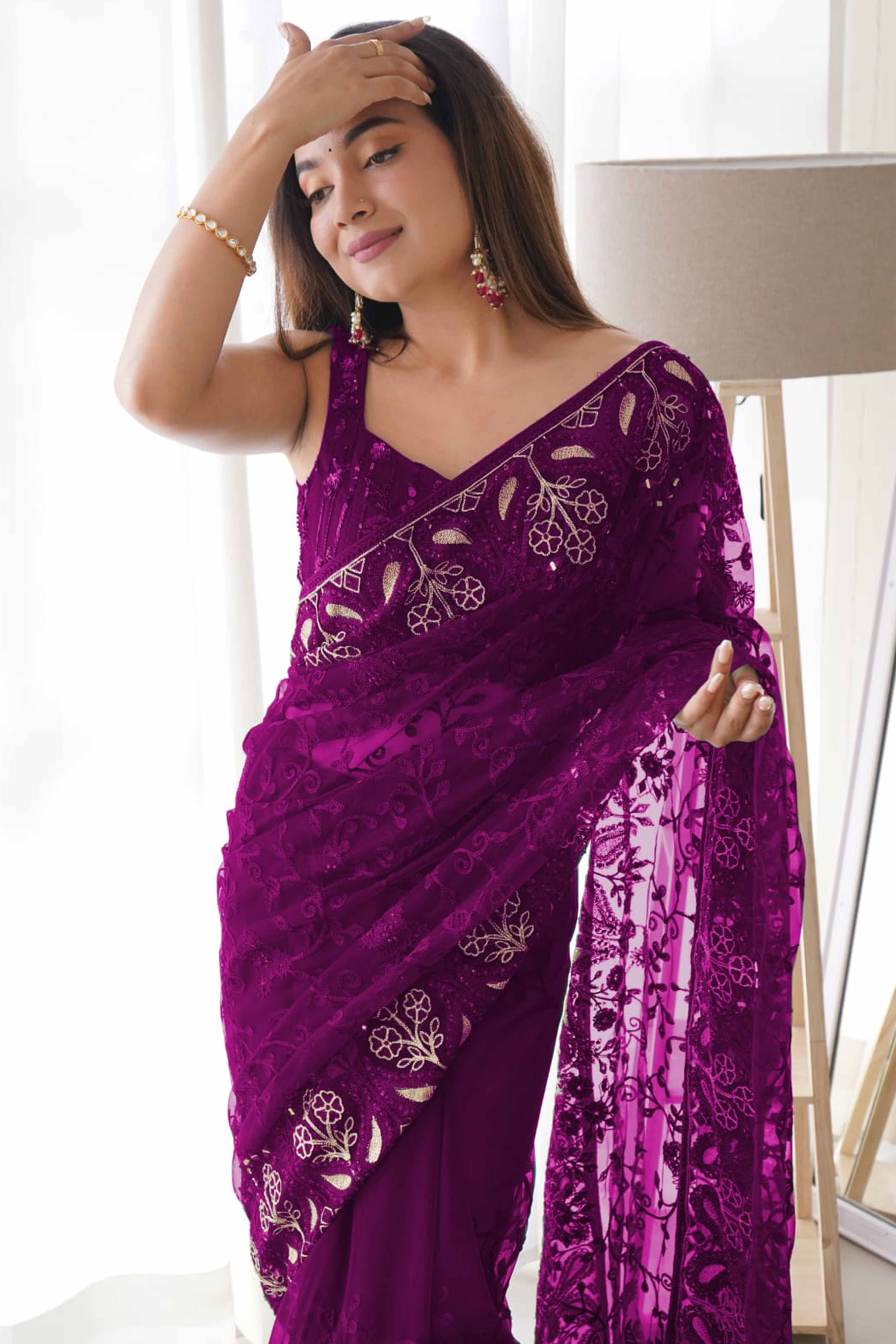 Purple Net Saree With Floral Thread Embroidery Adorned In Stone & Mirror Accents
