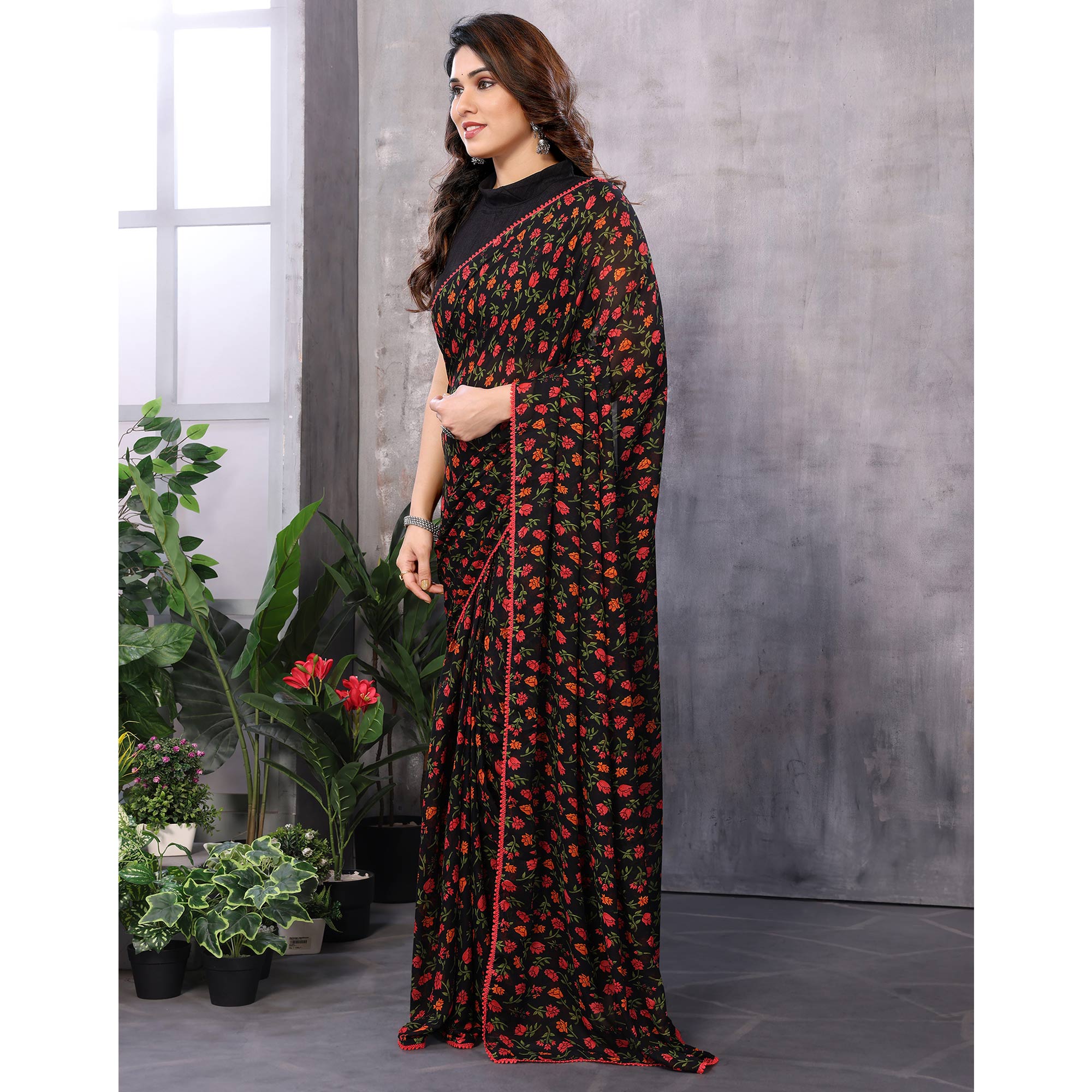 Black Floral Printed Georgette Ready To Wear Saree
