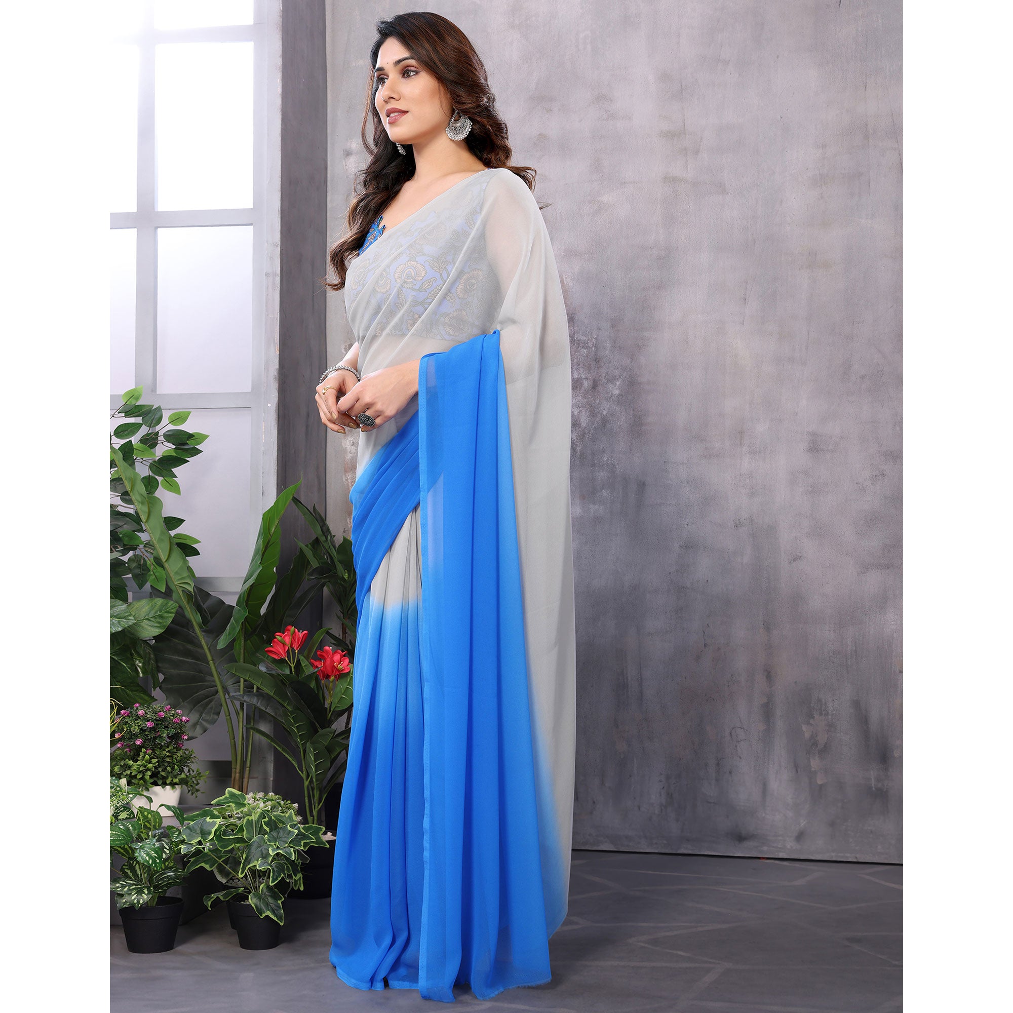 Blue & Grey Ombre Printed Georgette Ready To Wear Saree