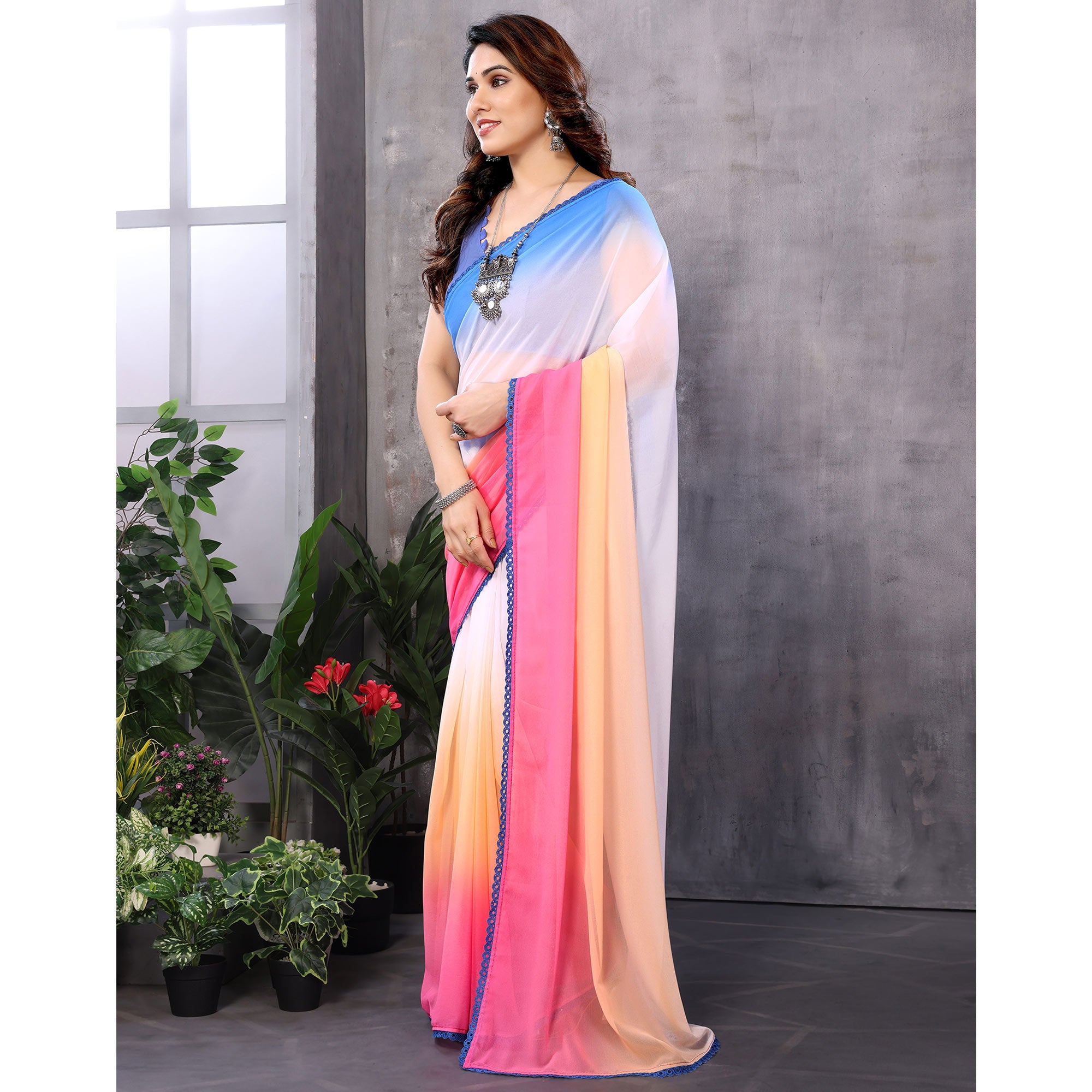 Multicolor Ombre Printed Georgette Ready To Wear Saree