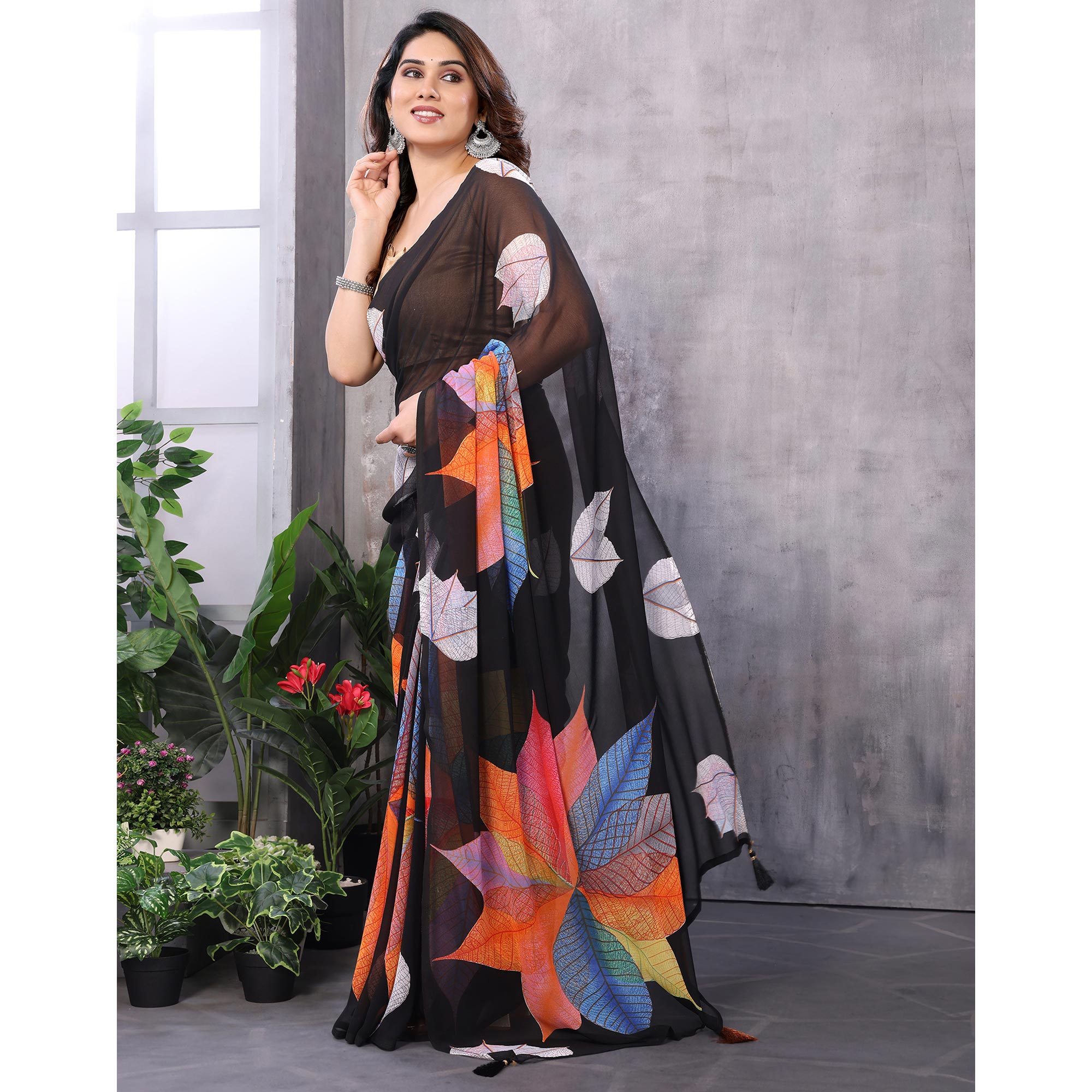 Black Printed Georgette Ready To Wear Saree