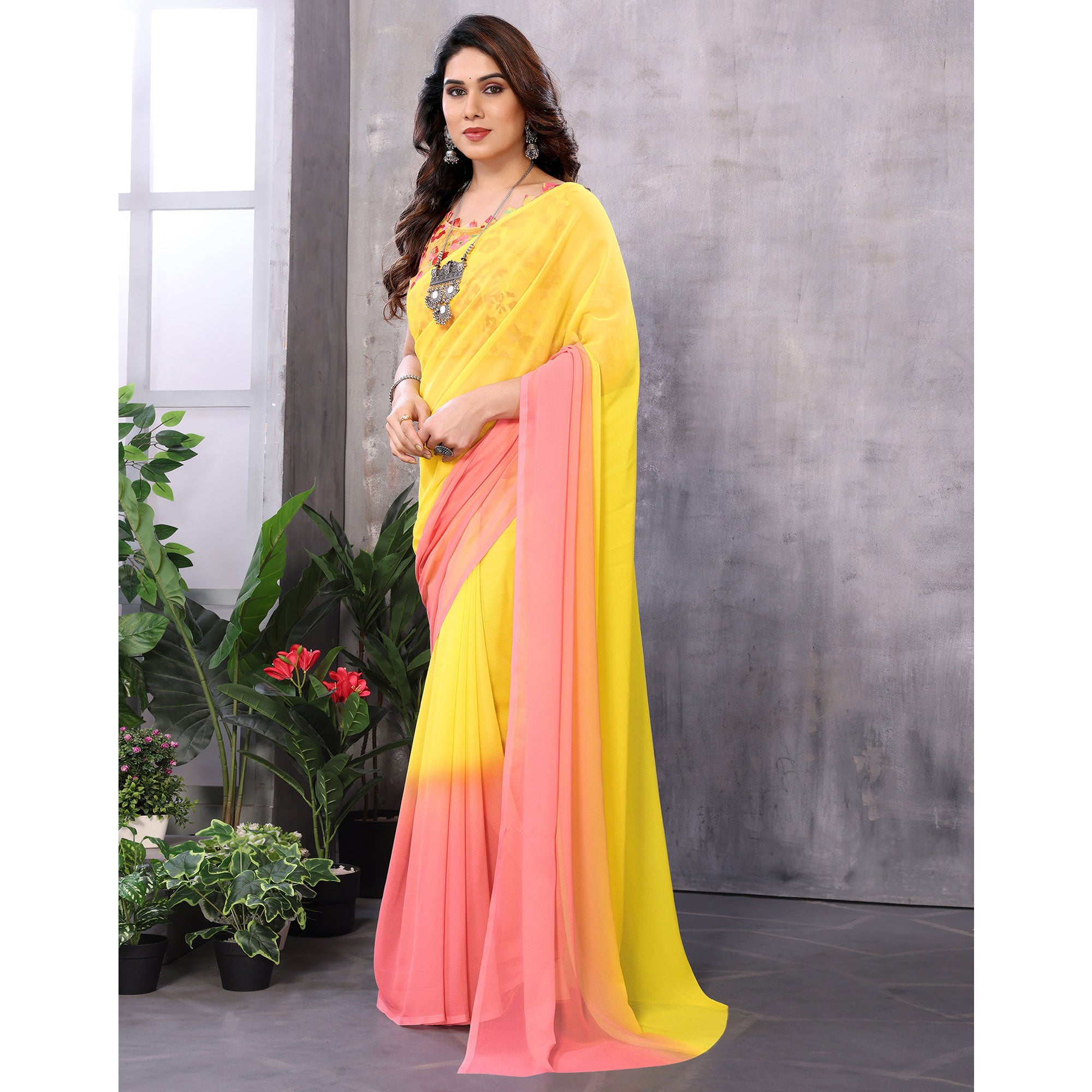 Yellow & Pink Ombre Printed Georgette Ready To Wear Saree