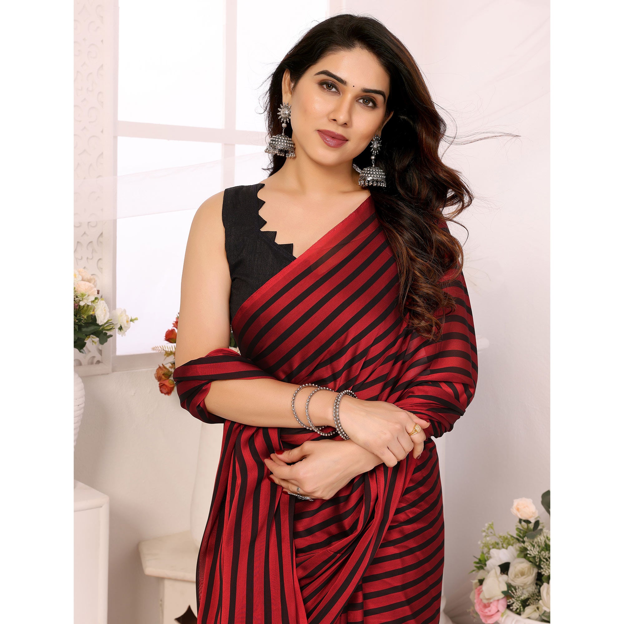 Red Striped Printed Georgette Ready To Wear Saree