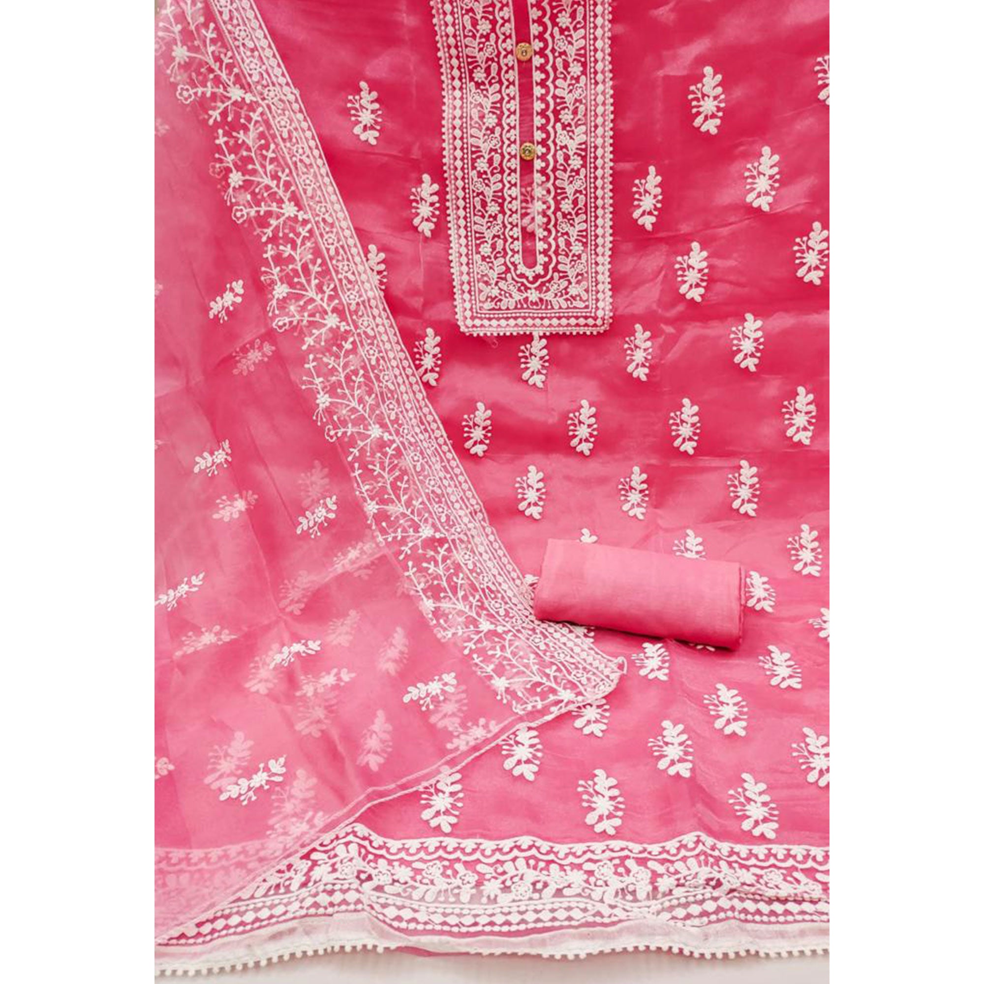 Pink Floral Embroidered Organza Dress Material