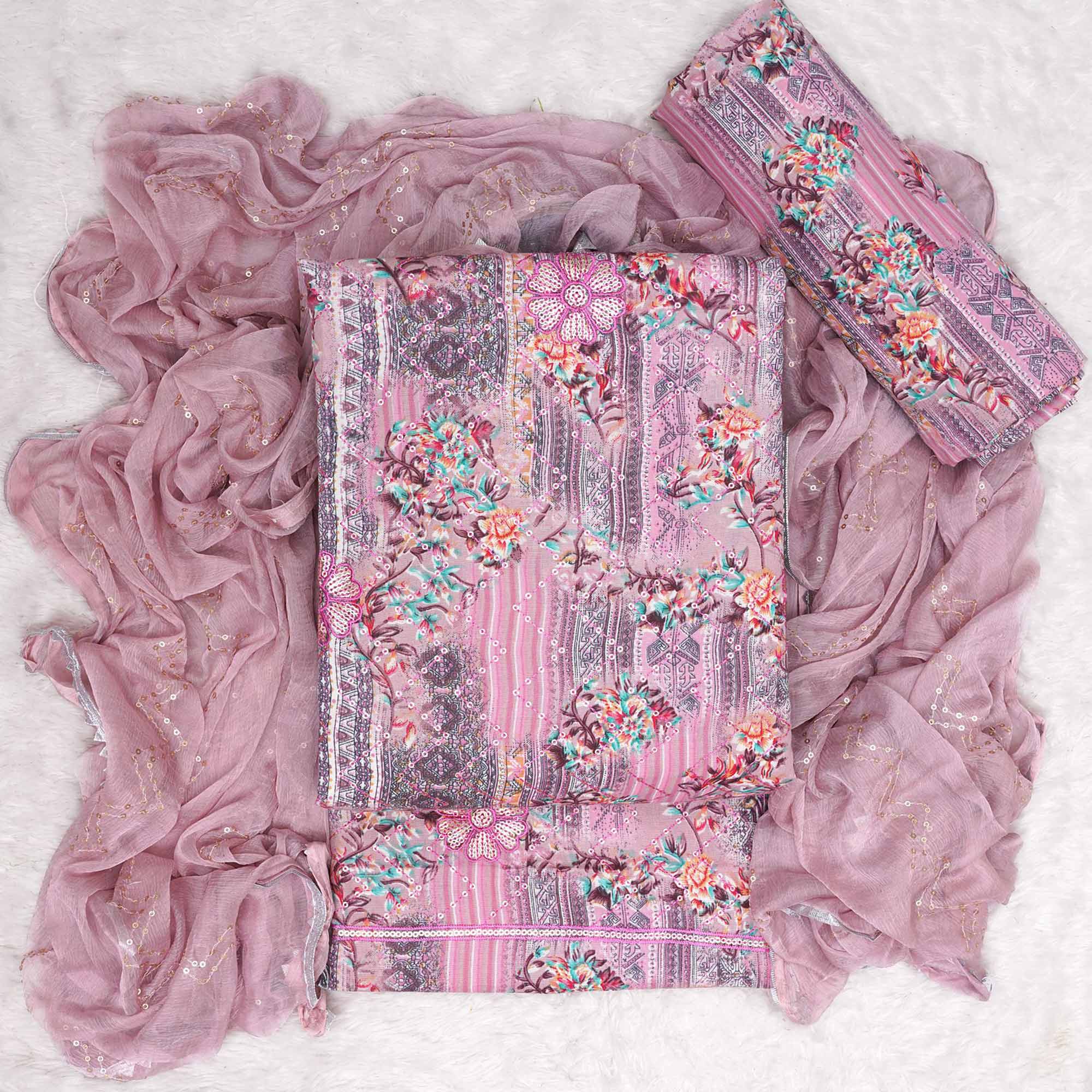 Pink Floral Foil Printed Pure Cotton Dress Material