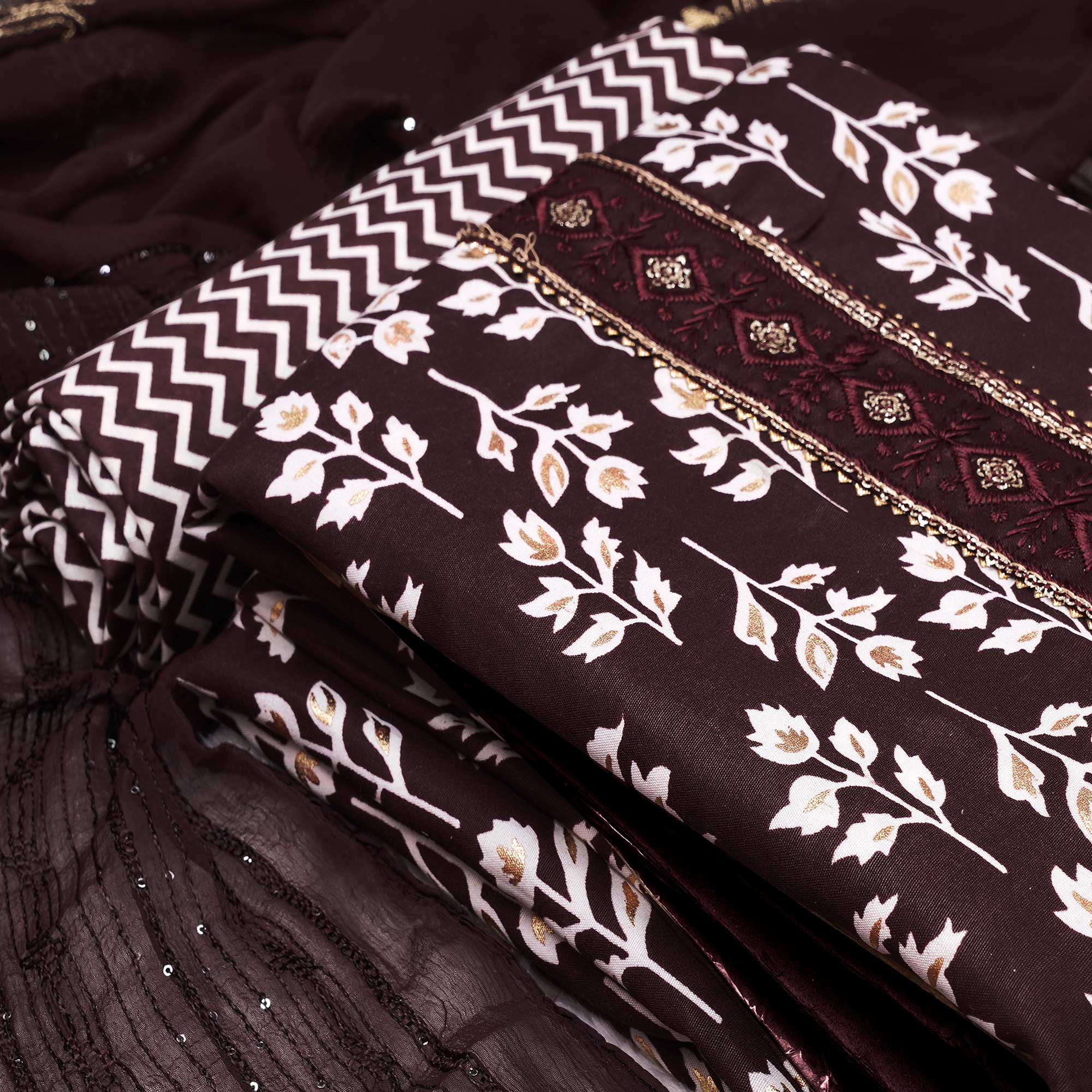 Coffee Brown Foil Printed Cotton Blend Dress Material