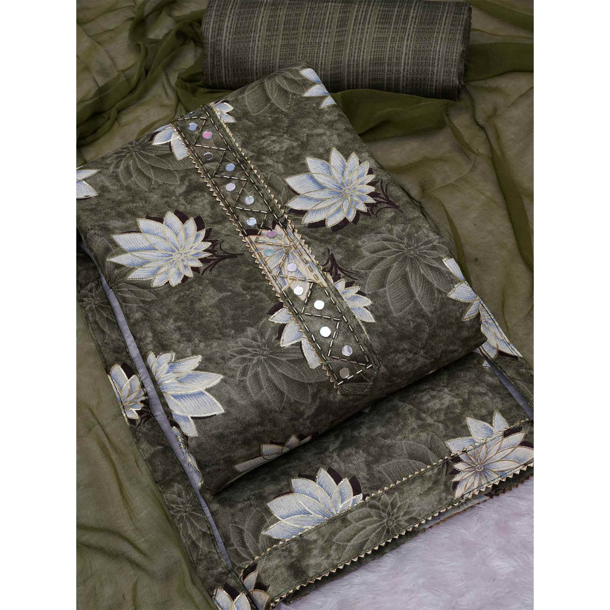 Green Floral Foil Printed Cotton Blend Dress Material