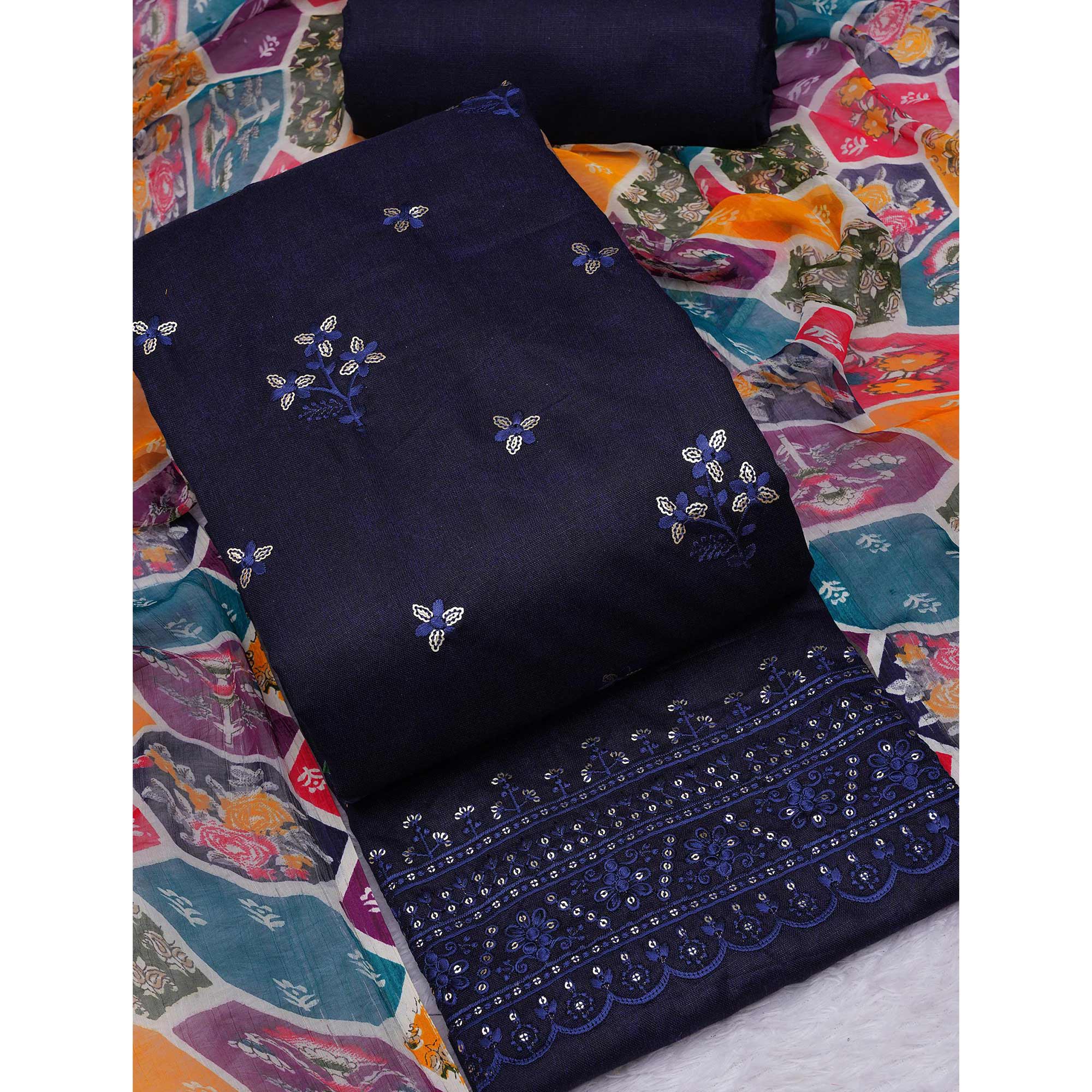 Blue Floral Embroidered Cotton Blend Dress Material