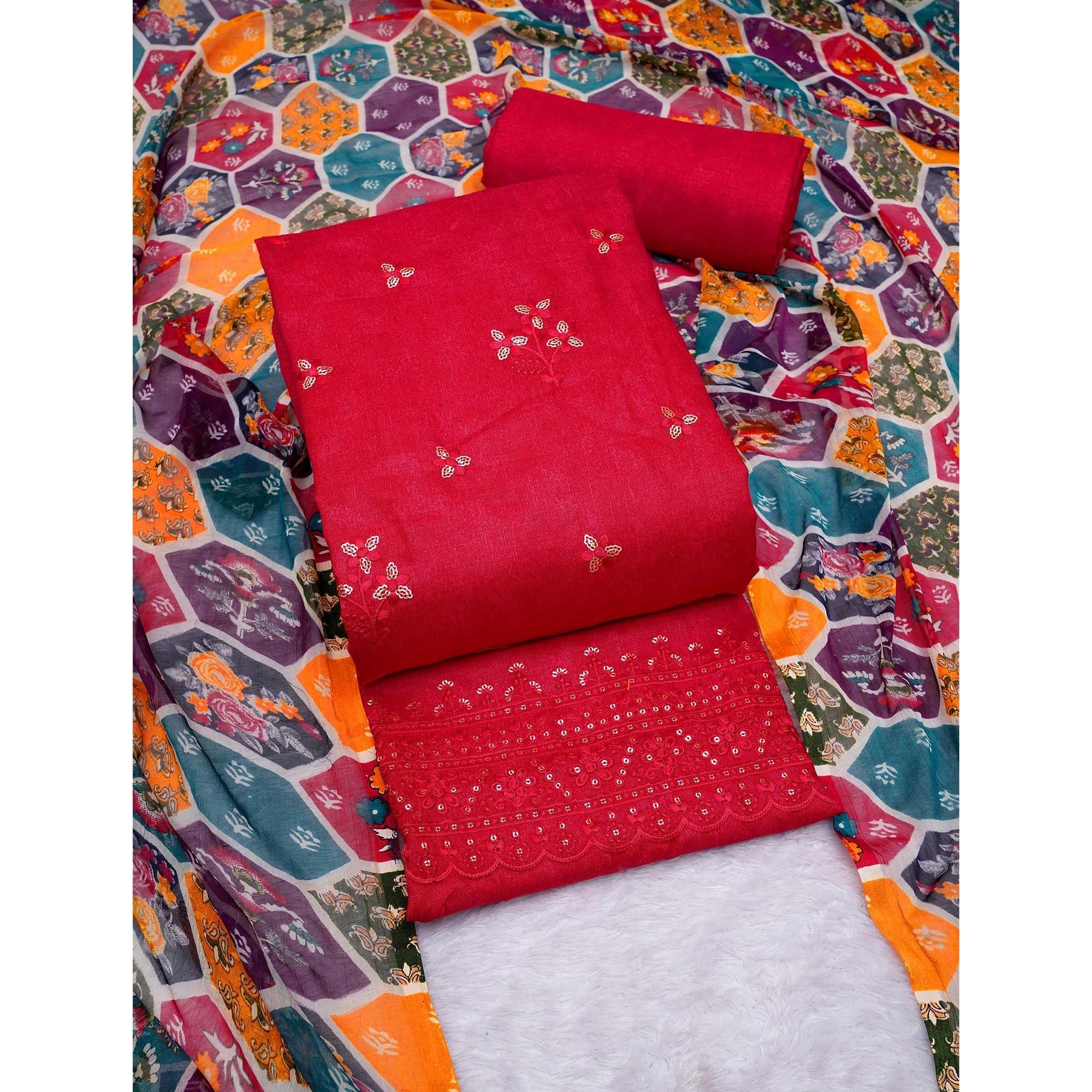 Red Floral Embroidered Cotton Blend Dress Material