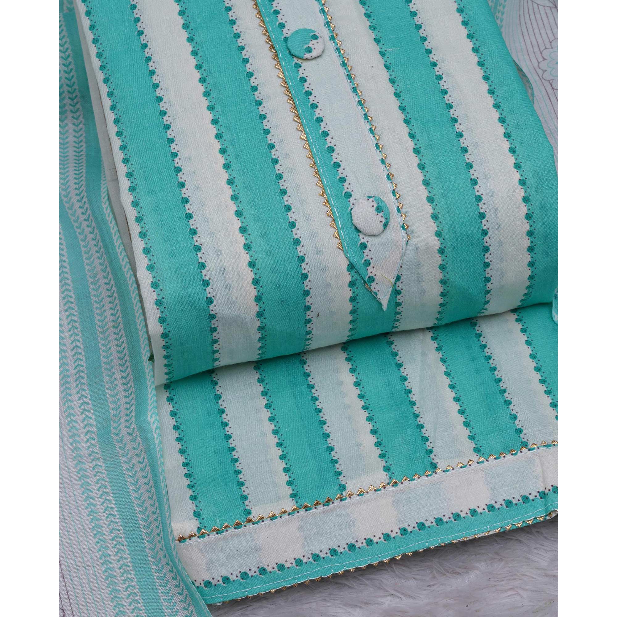 Turquoise Printed With Gota Patti Work Cotton Blend Dress Material