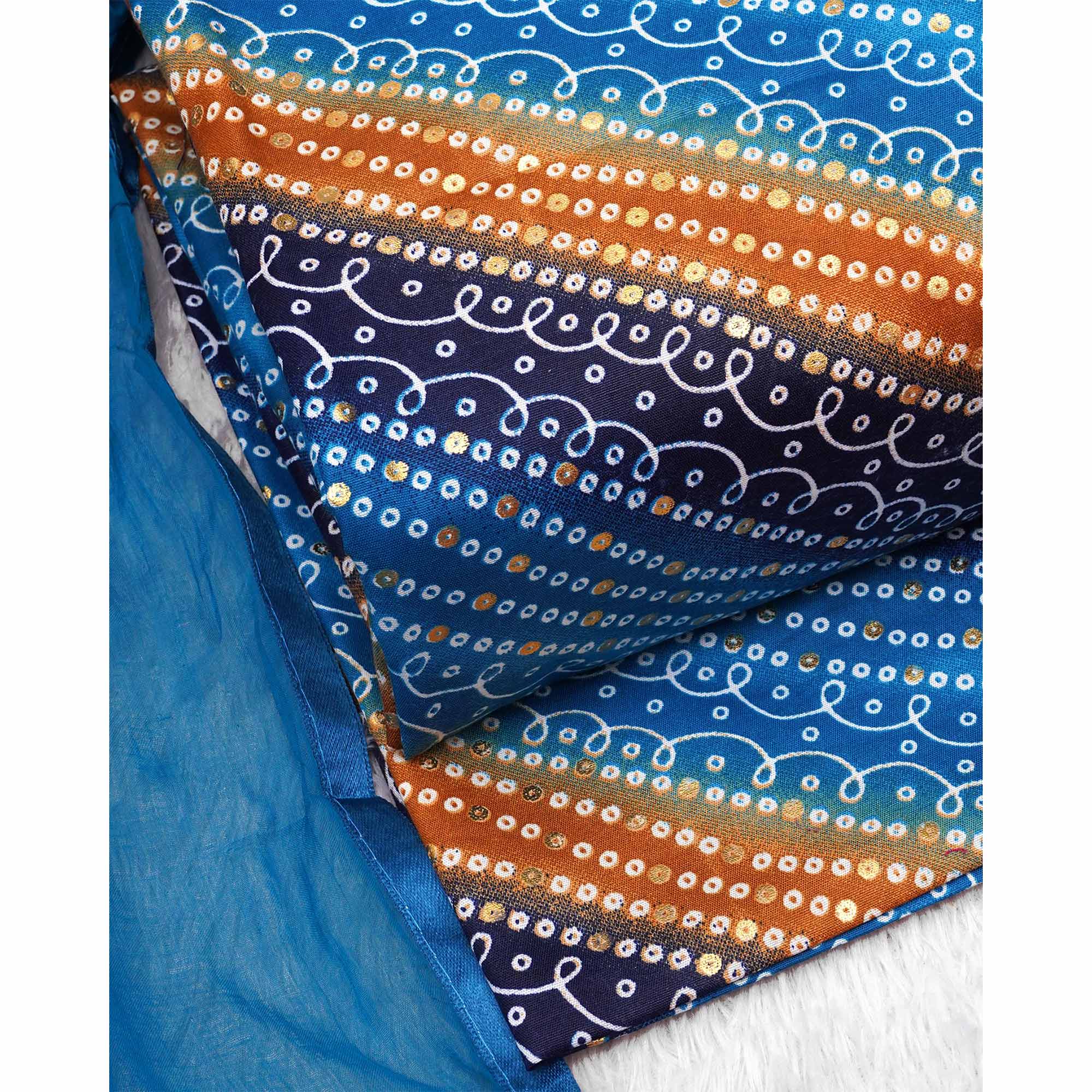 Blue Bandhani Foil Printed Dress Material