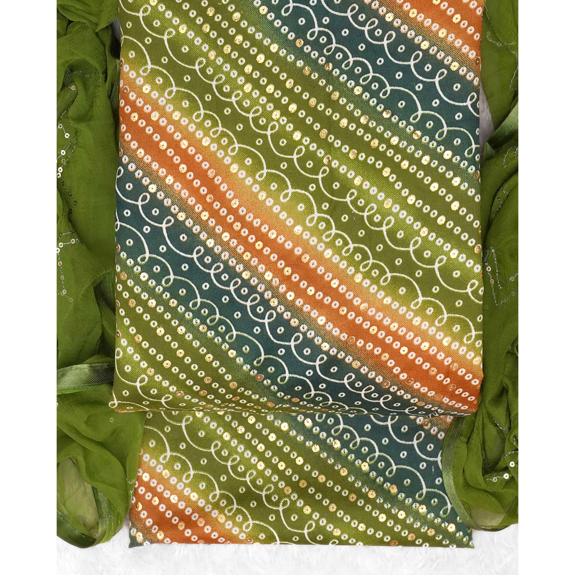 Green Bandhani Foil Printed Dress Material