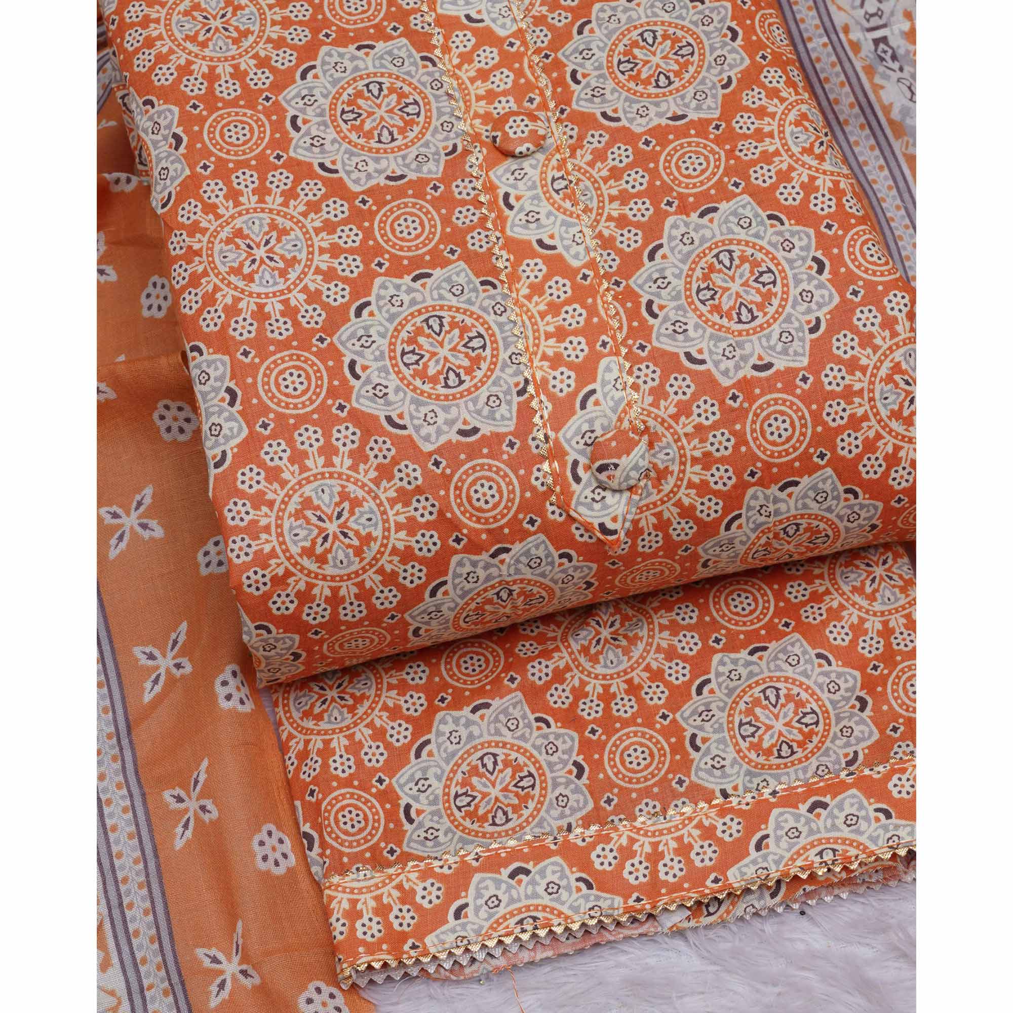 Orange Floral Printed Cotton Blend Dress Material