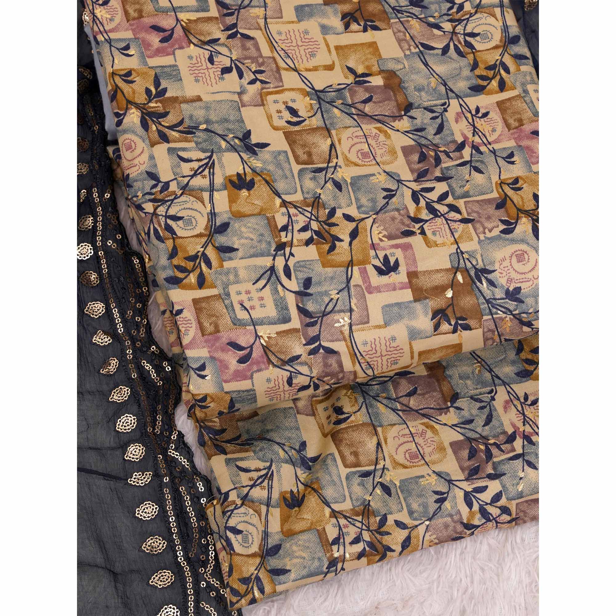 Chikoo & Blue Foil Printed Cotton Blend Dress Material
