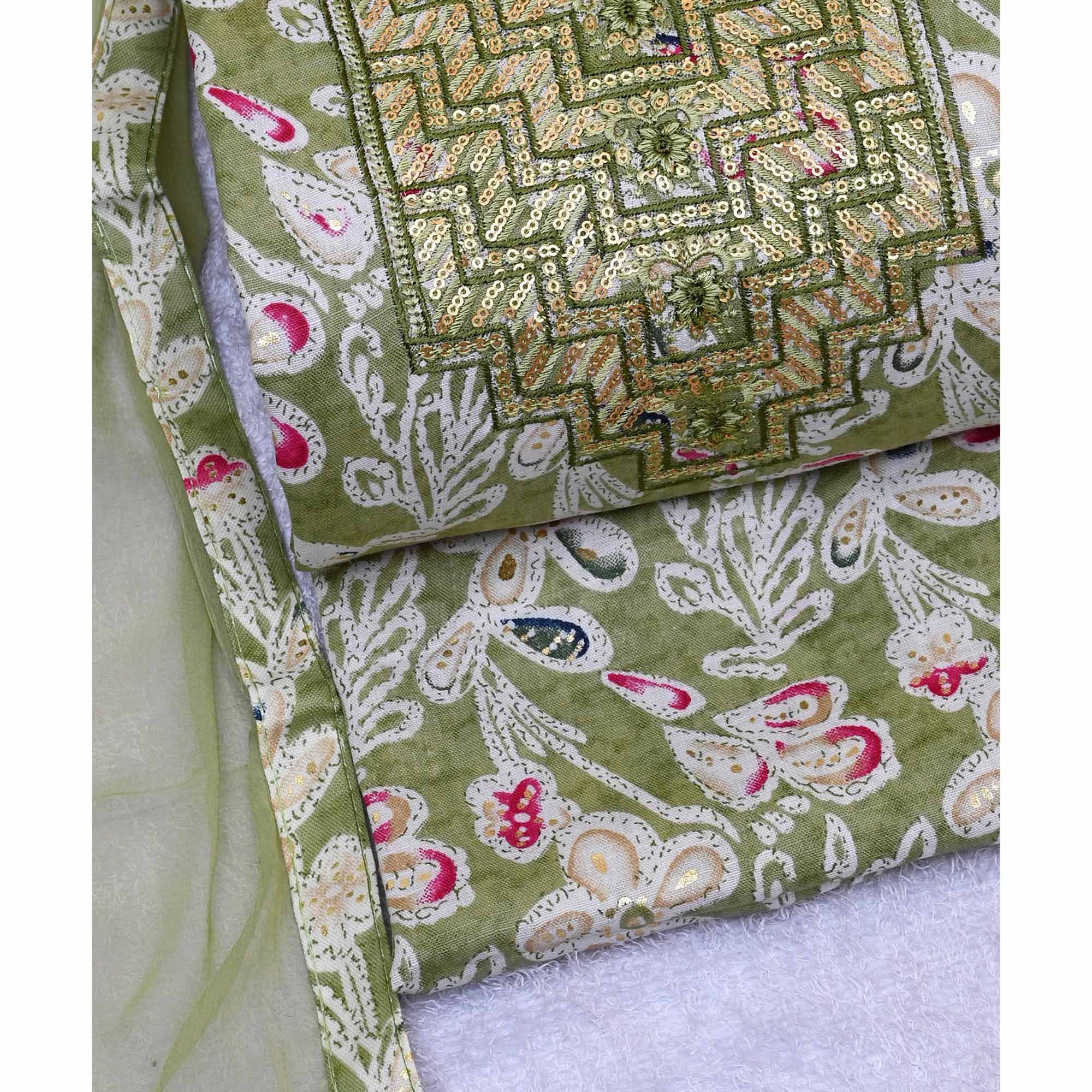 Green Foil Printed With Sequins Embroidery Cotton Blend Dress Material