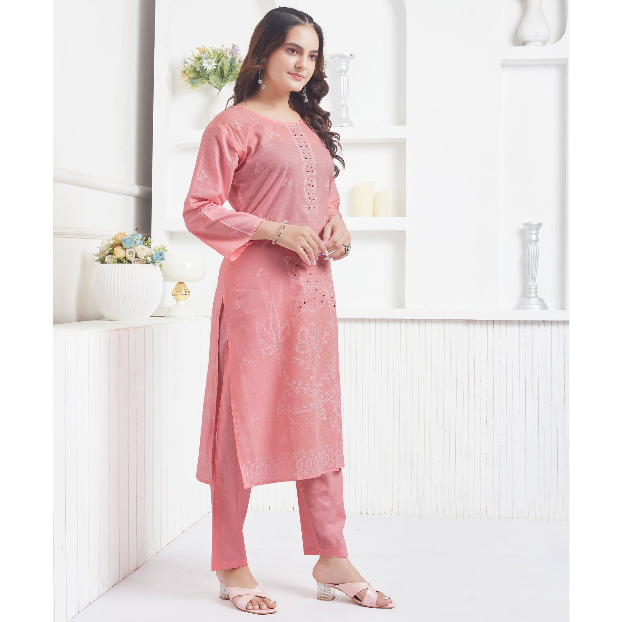 Peach Printed Pure Cotton Salwar Suit With Mirror Work