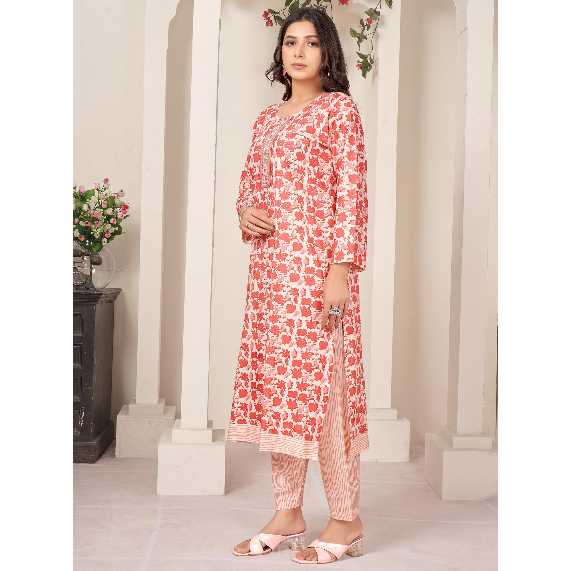 Peach Floral Printed Pure Cotton Salwar Suit