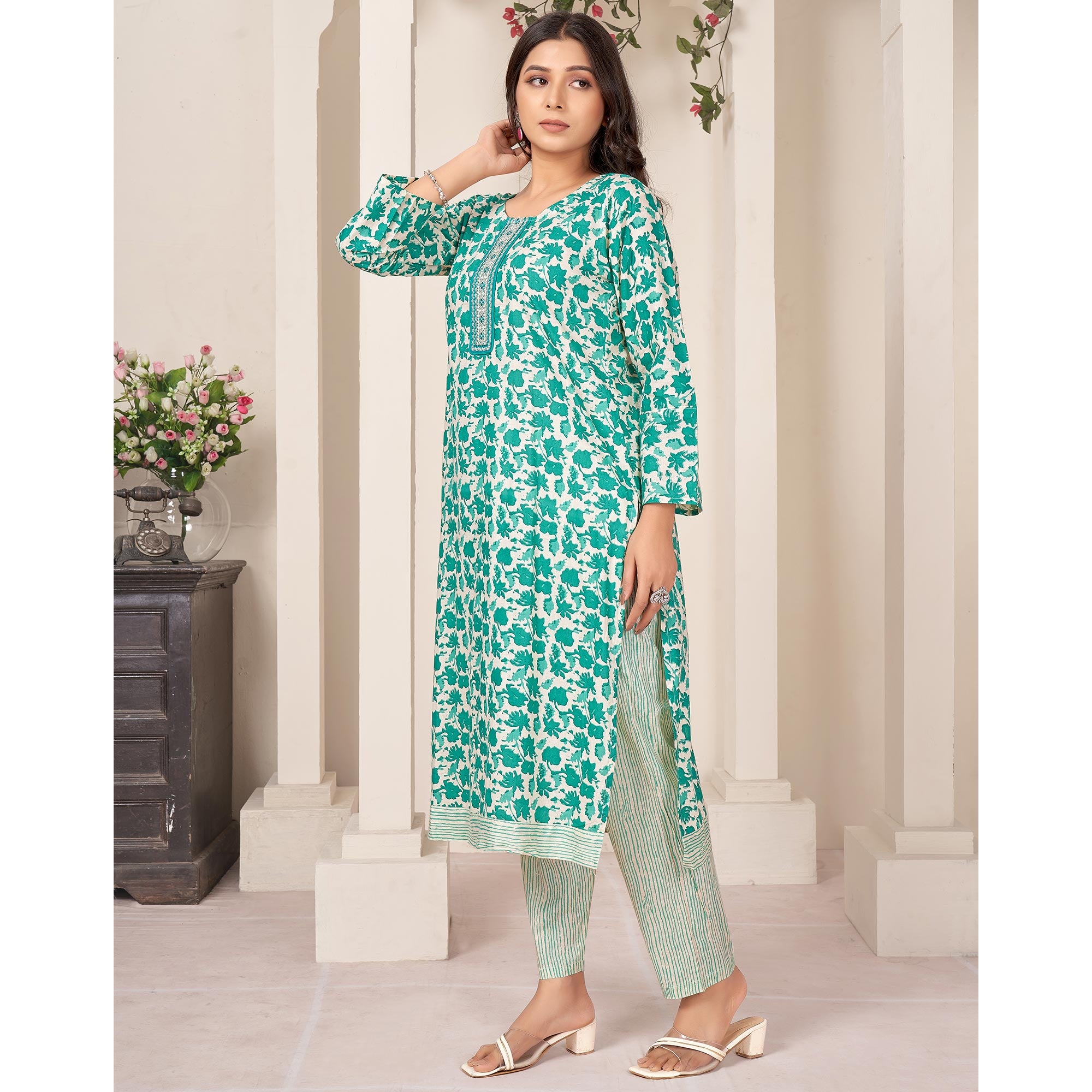 Rama Green Floral Printed Pure Cotton Salwar Suit