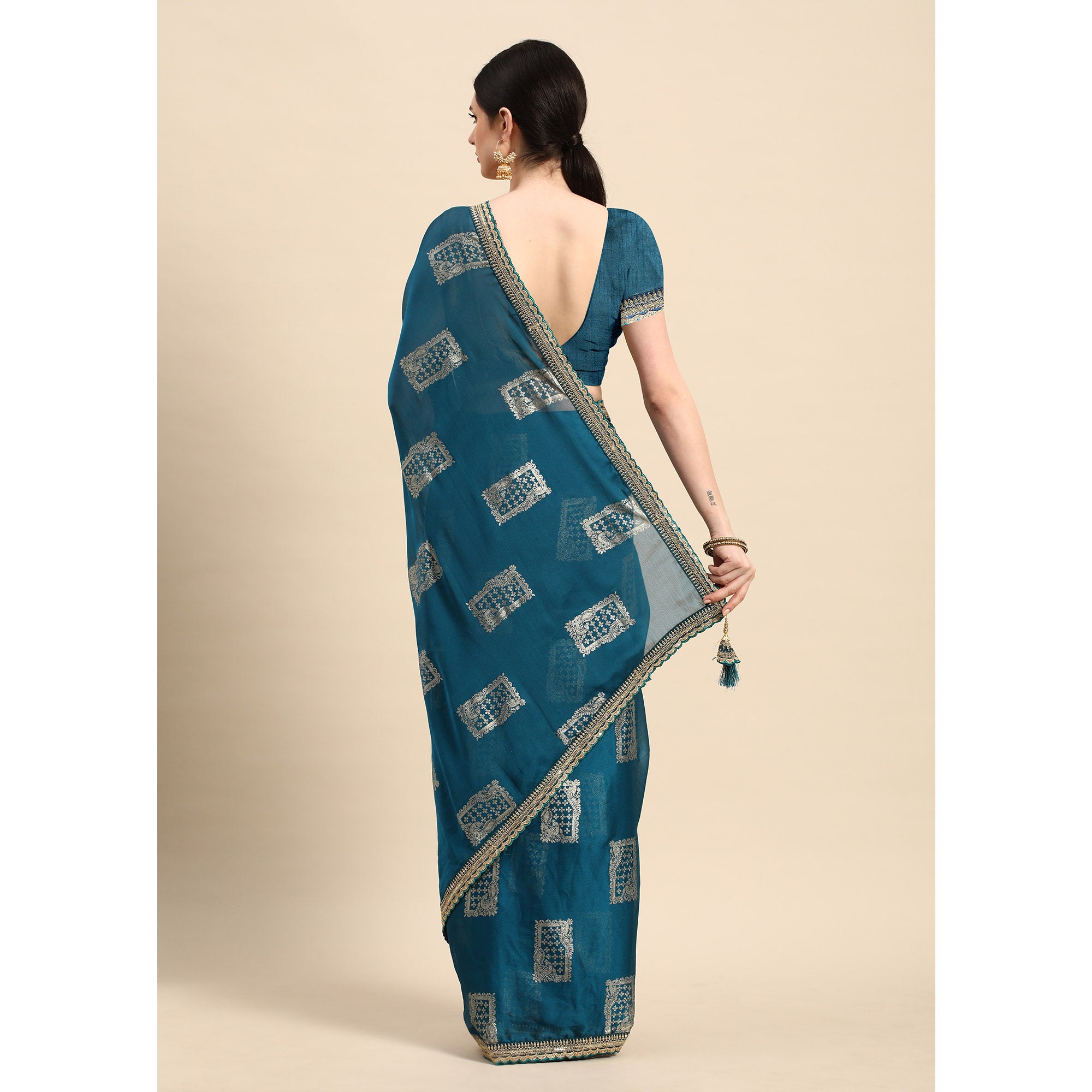 Blue Foil Printed With Embroidered Border Chiffon Saree
