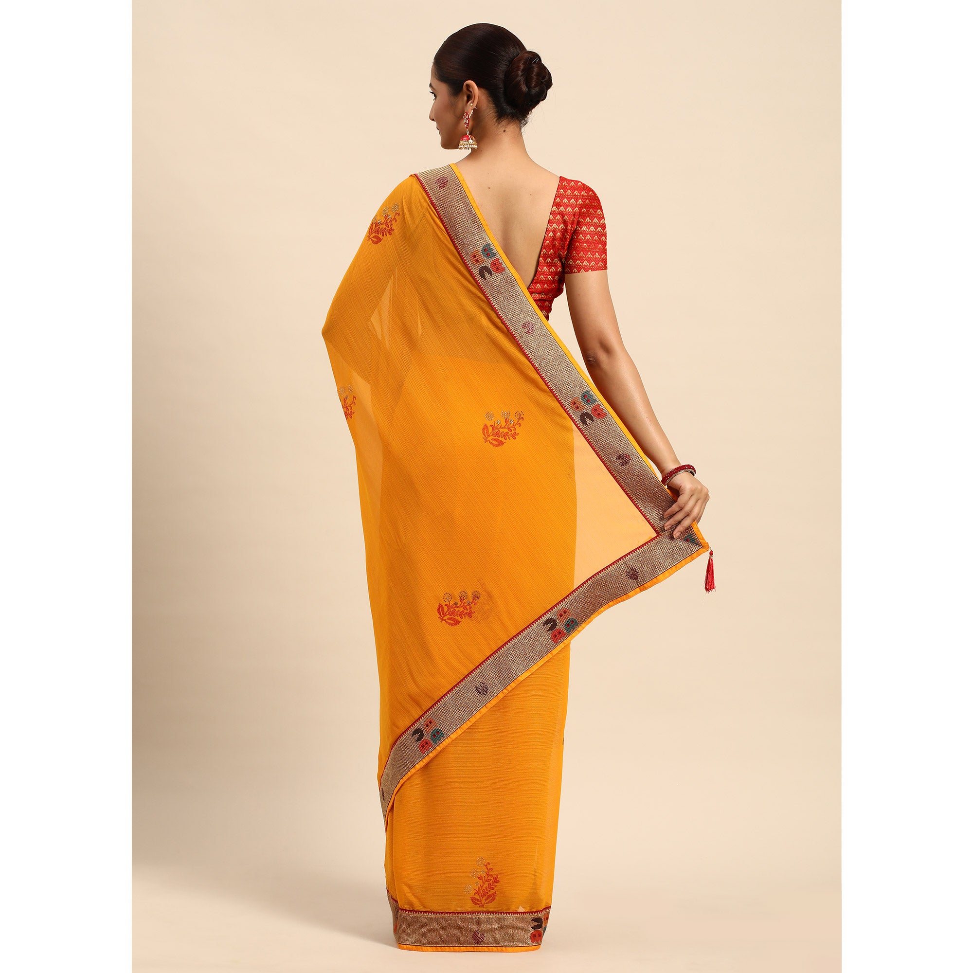 Yellow Foil Printed With Swarovski Zomato Silk Saree
