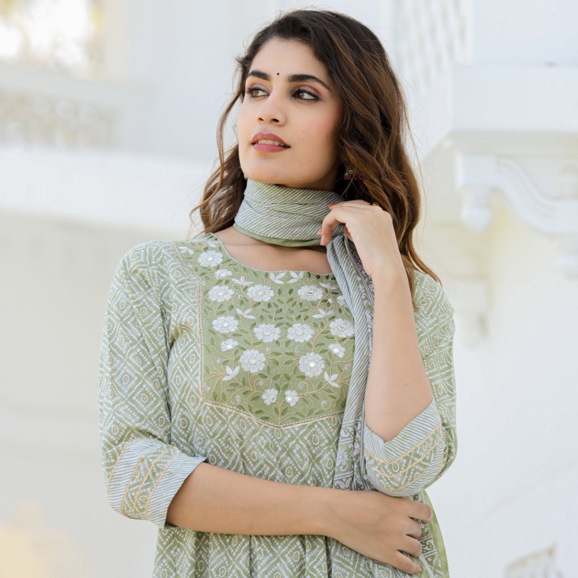 Green Printed With Embroidered Pure Cotton Anarkali Suit